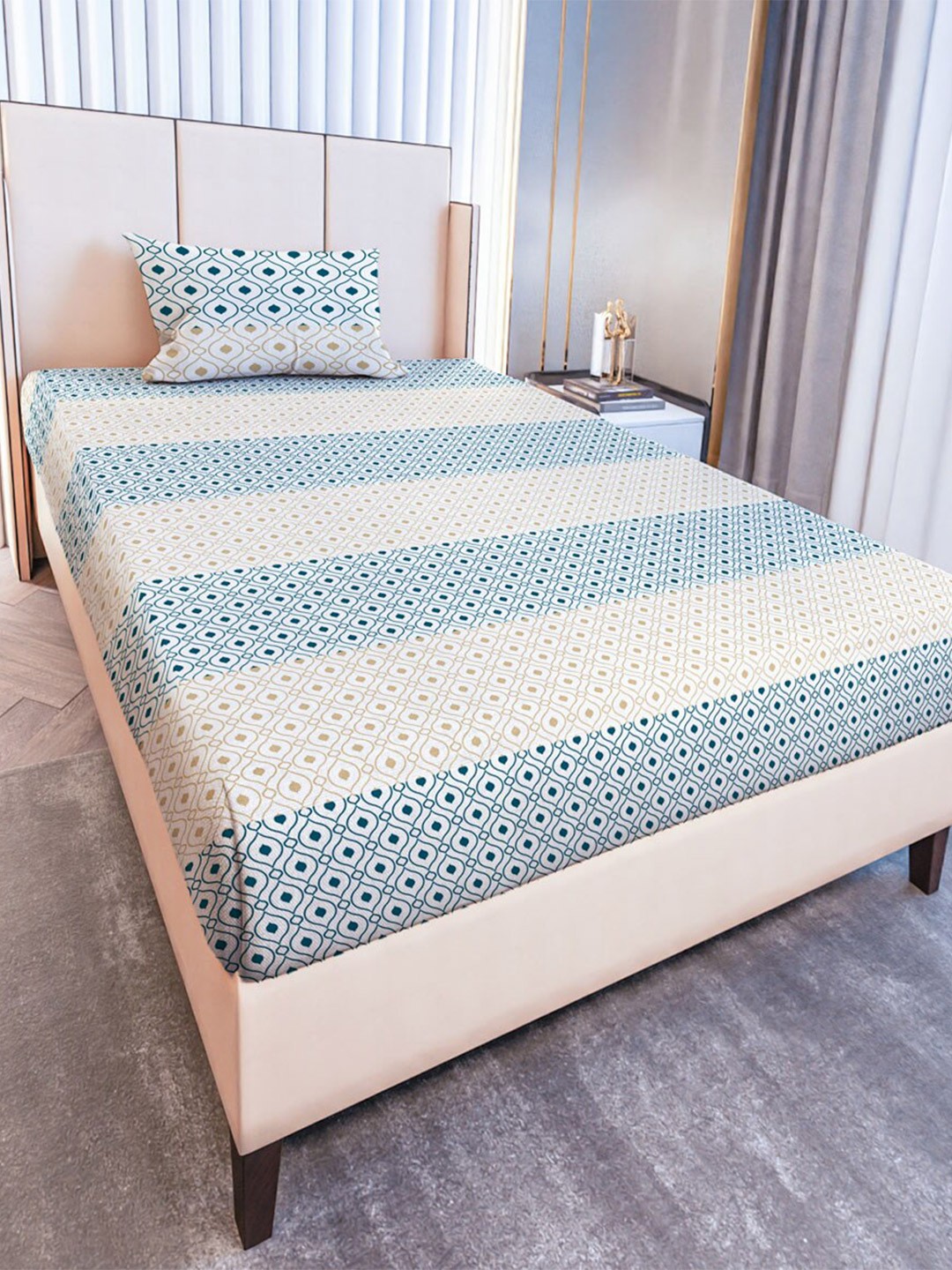 

MAYFAIR HOMES LONDON Glen Teal & Beige Geometric 120 TC Single Bedsheet & Pillow Cover