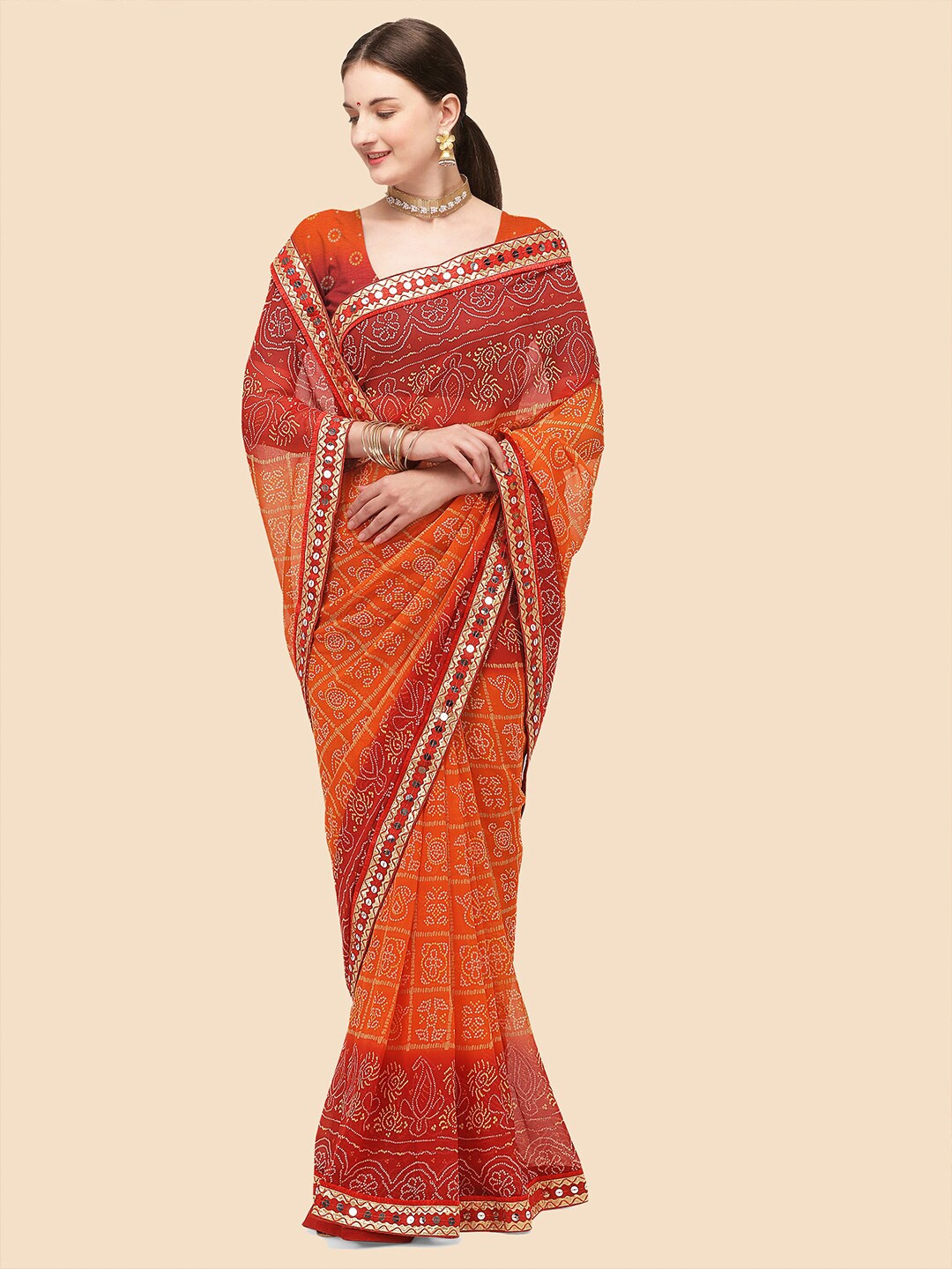 

Kasak Bandhani Printed Georgette Saree, Orange