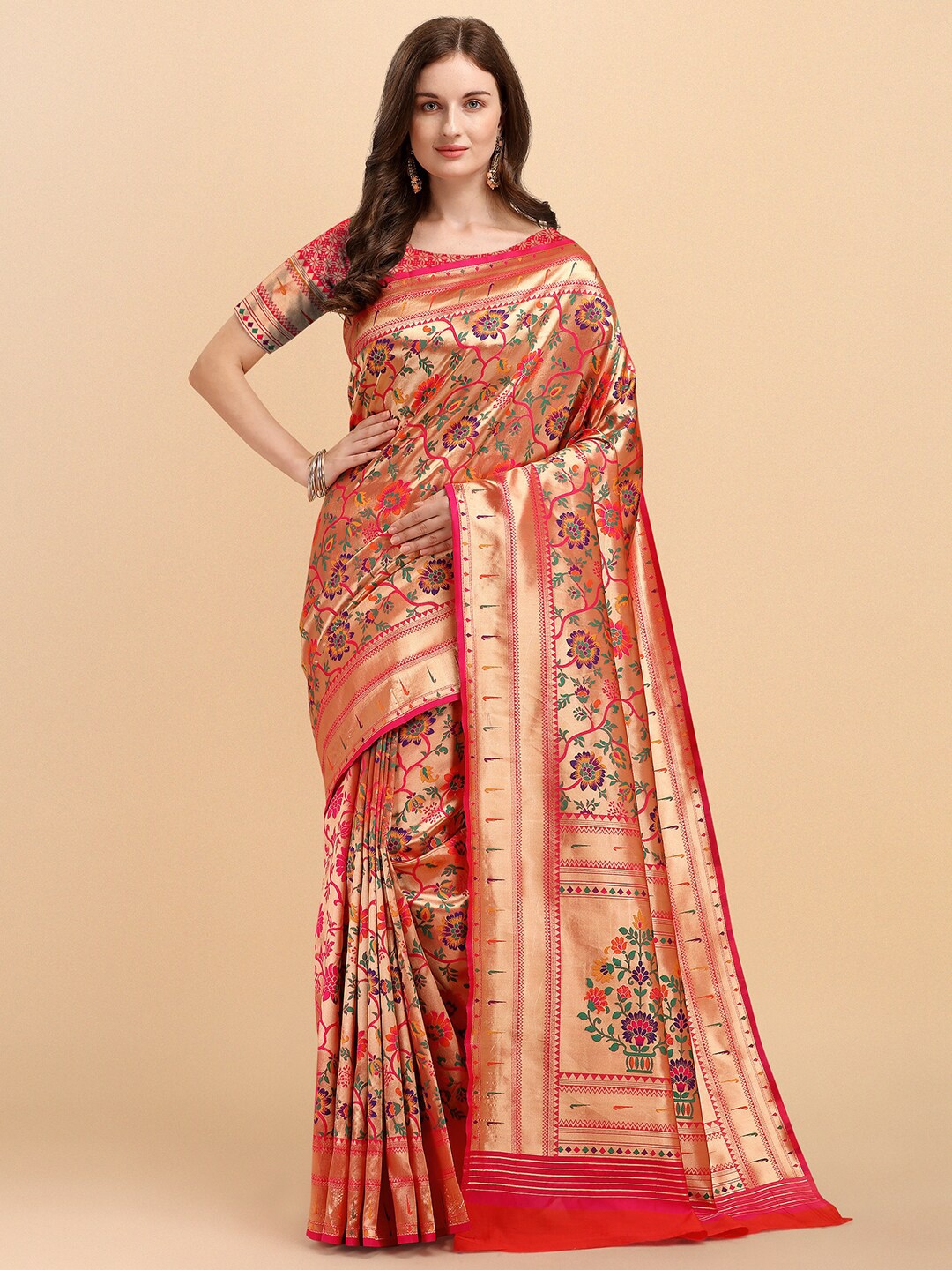 

Kasak Floral Woven Design Zari Silk Blend Paithani Saree, Pink
