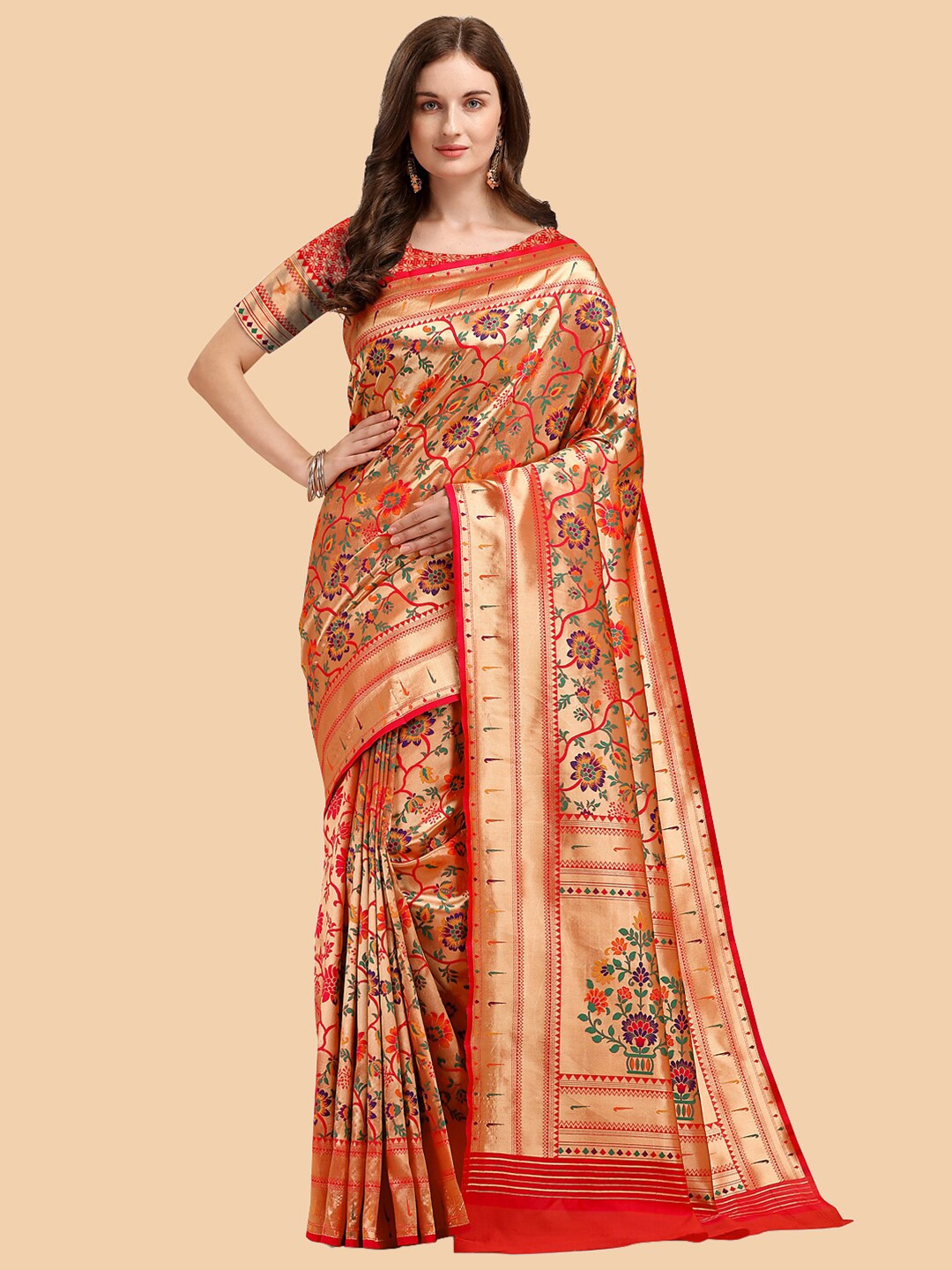 

Kasak Floral Woven Design Zari Silk Blend Paithani Saree, Red