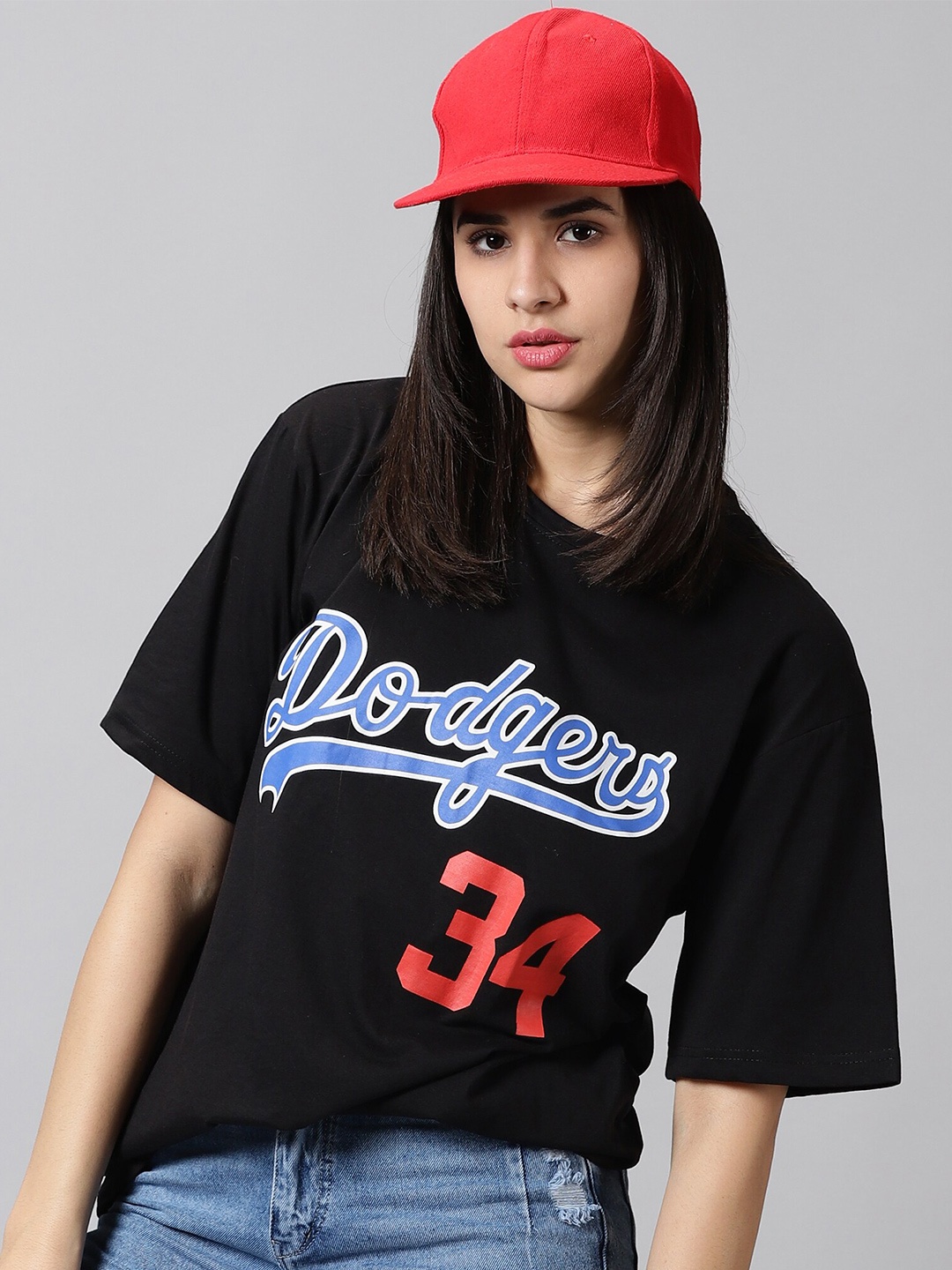 

Rodzen Women Typography Printed Pure Cotton Applique Oversize T-shirt, Black