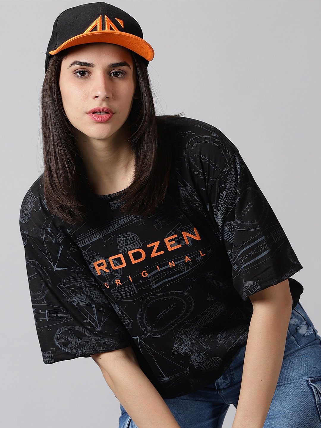 

Rodzen Women Typography Printed V-Neck Pure Cotton Applique Oversize T-shirt, Black