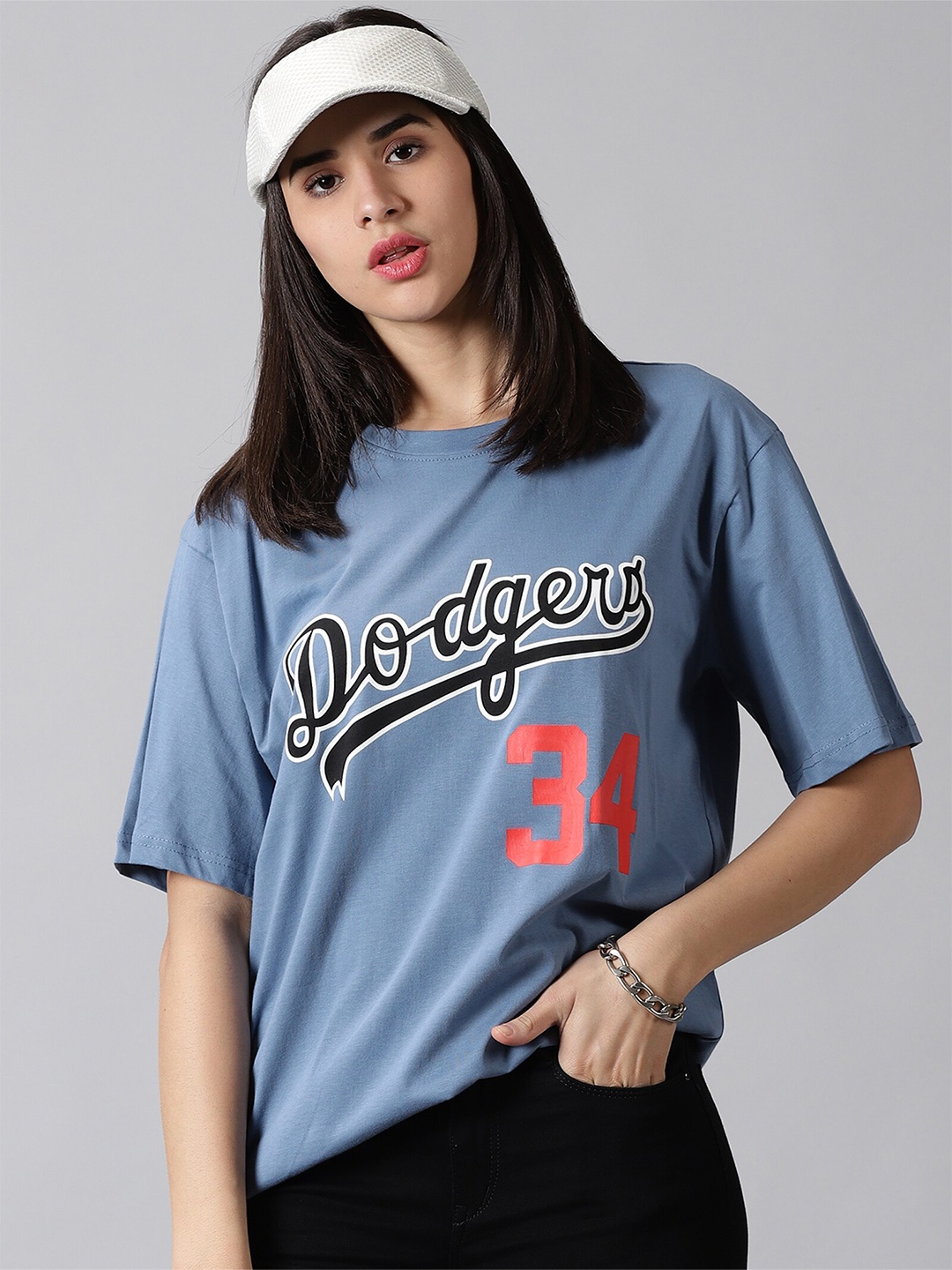 

Rodzen Women Typography Printed V-Neck Pure Cotton Applique Oversize T-shirt, Blue