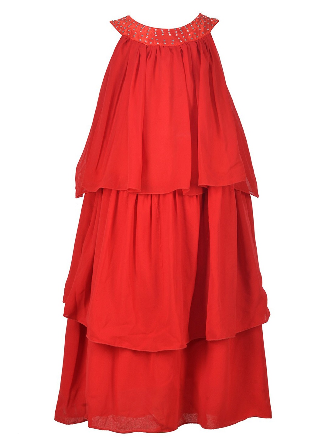 

Samsara Couture Girls Halter Neck Layered Net Dress, Red