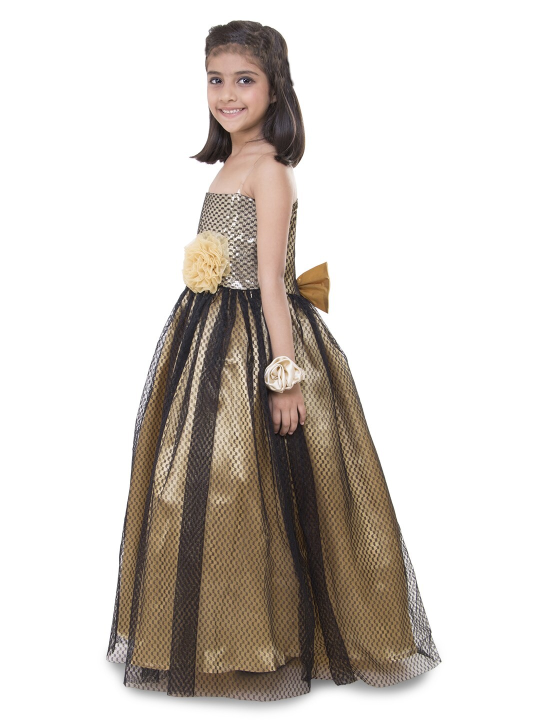

Samsara Couture Girls Fit and Flare Net Maxi Dress, Gold