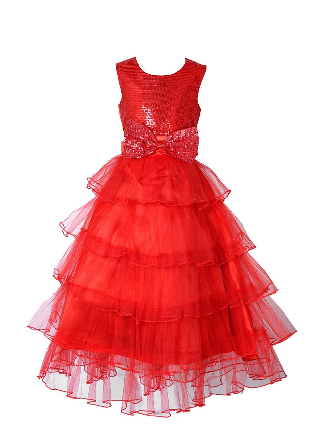 

Samsara Couture Girls Round Neck Sequined Embellished Layered Bow Net Gown Dress, Red