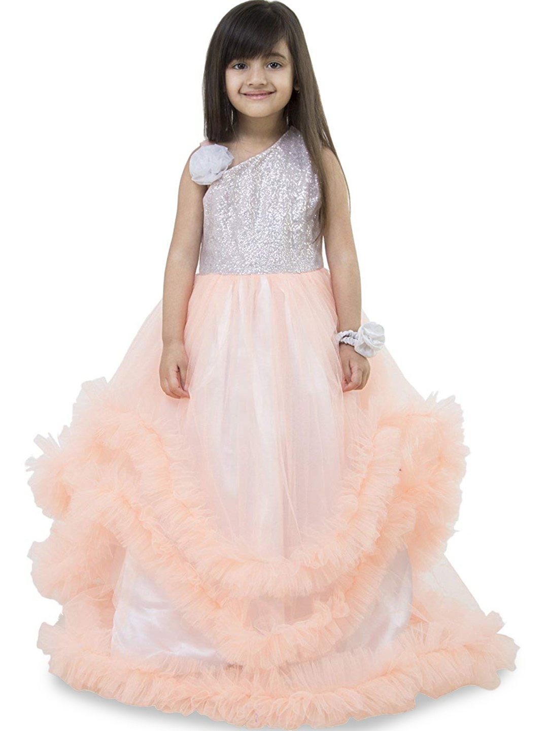 

Samsara Couture Girls Embellished Satin One Shoulder Gown Dress, Peach
