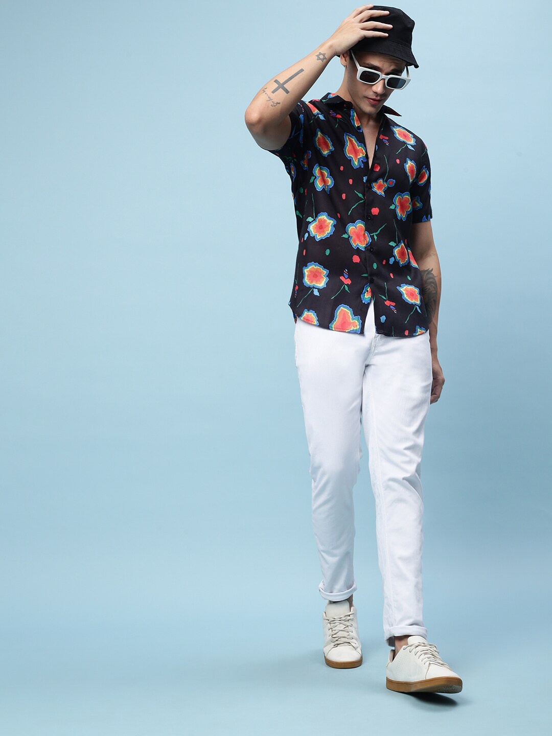

VEIRDO Original Floral Printed Casual Cotton Shirt, Navy blue