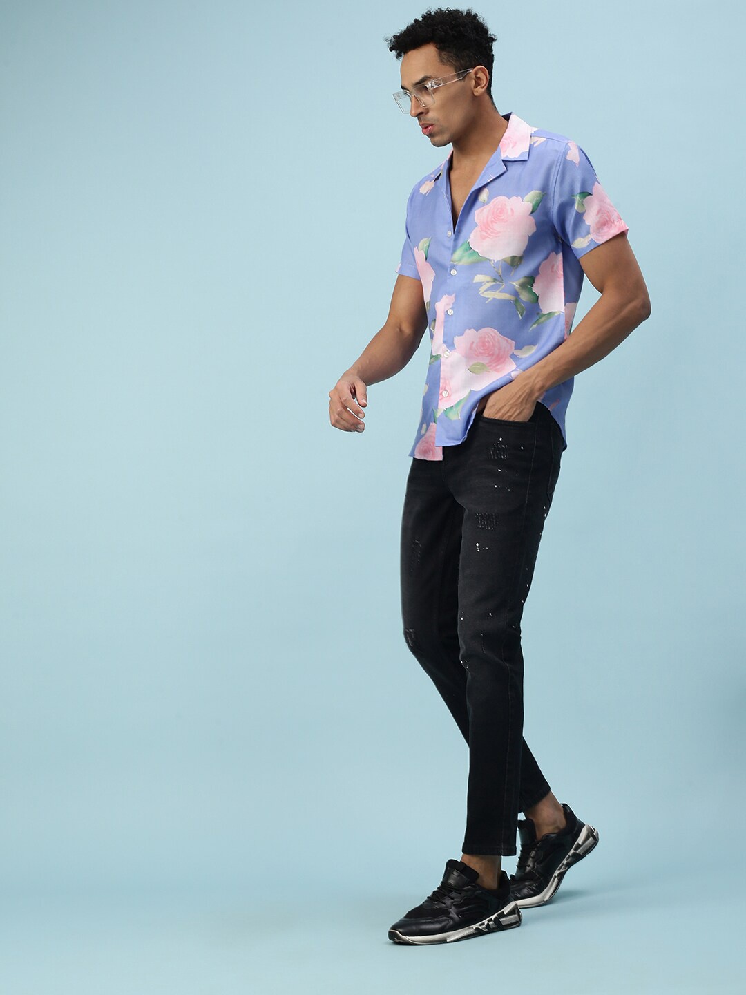 

VEIRDO Floral Printed Cotton Casual Shirt, Blue