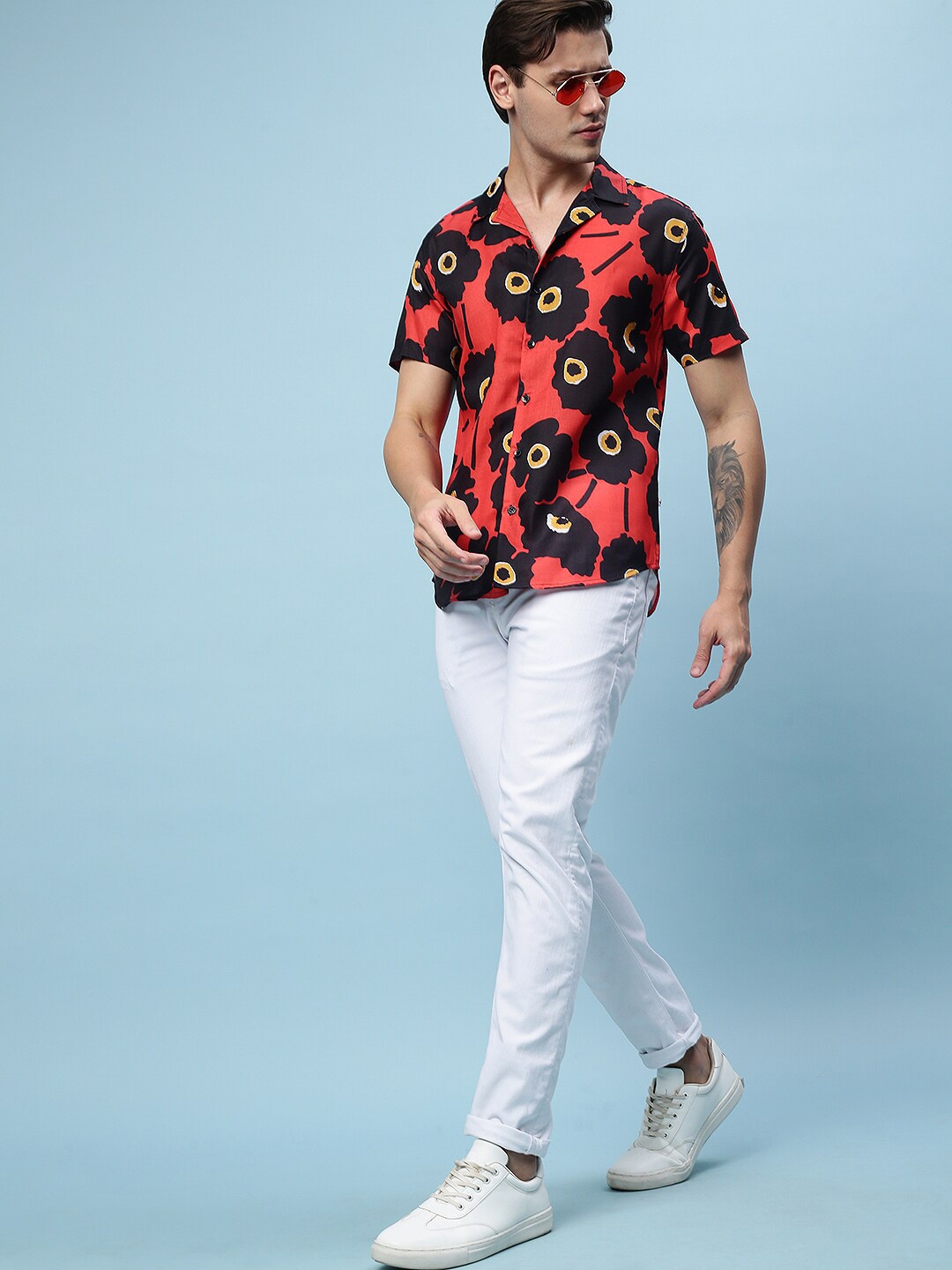 

VEIRDO Floral Printed Cotton Casual Shirt, Red