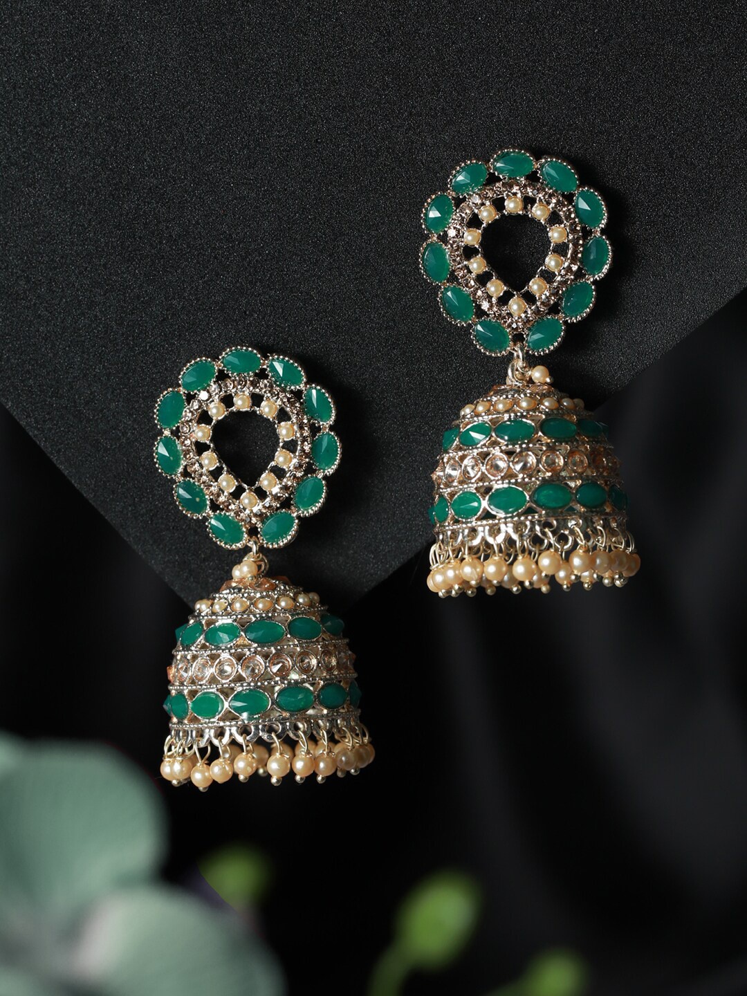 

Jazz and Sizzle Gold-Plated Dome Shaped Jhumkas Earrings, Green