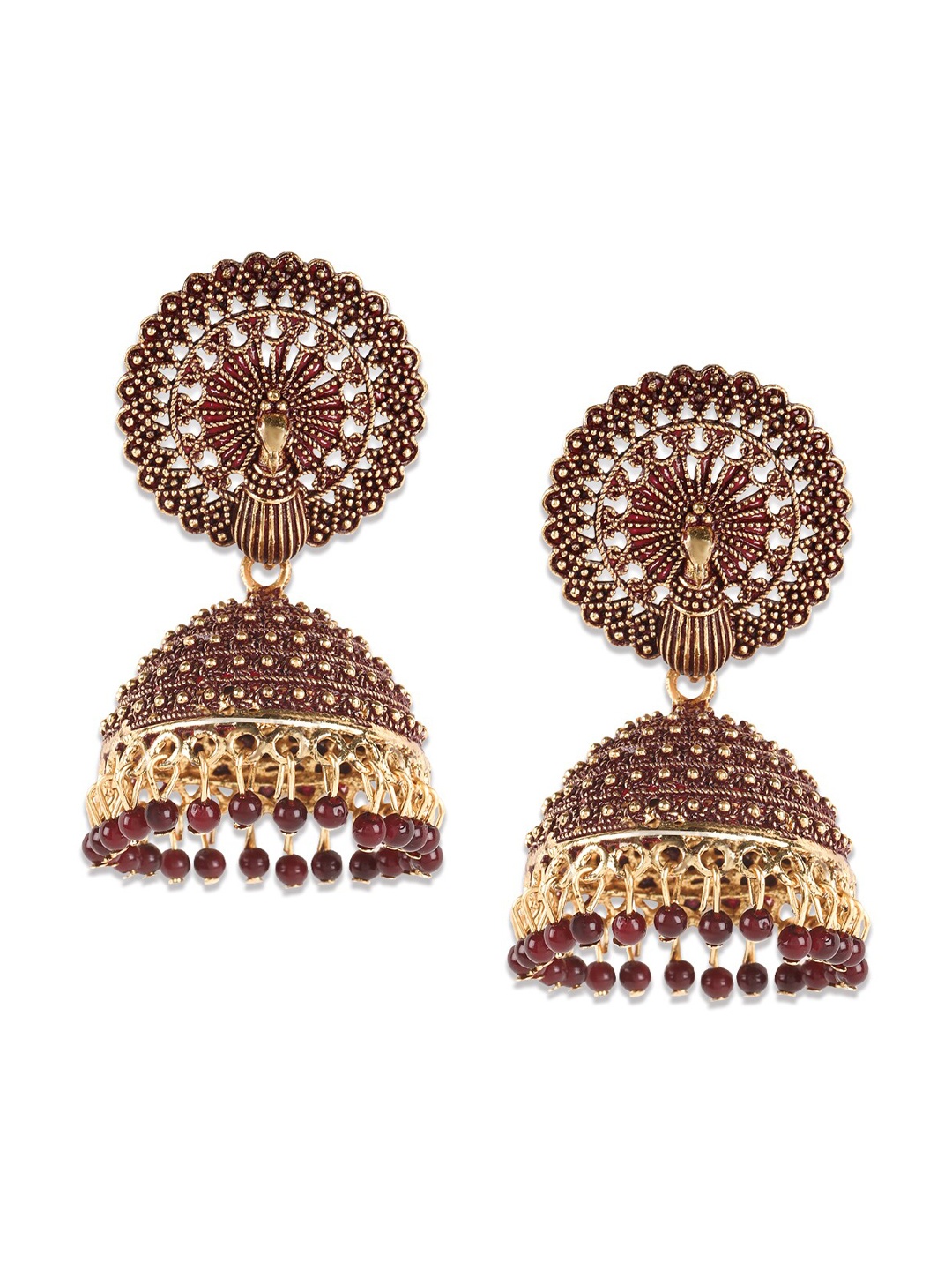 

Jazz and Sizzle Gold Plated Peacock Shape Jhumkas Earrings, Maroon