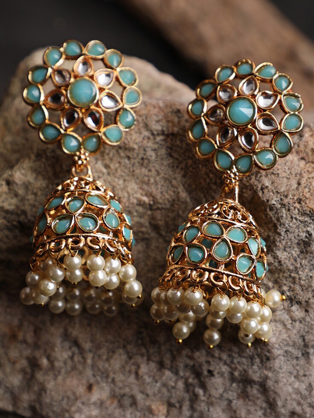 

Jazz and Sizzle Gold-Plated Kundan Dome Shaped Jhumkas Earrings, Green