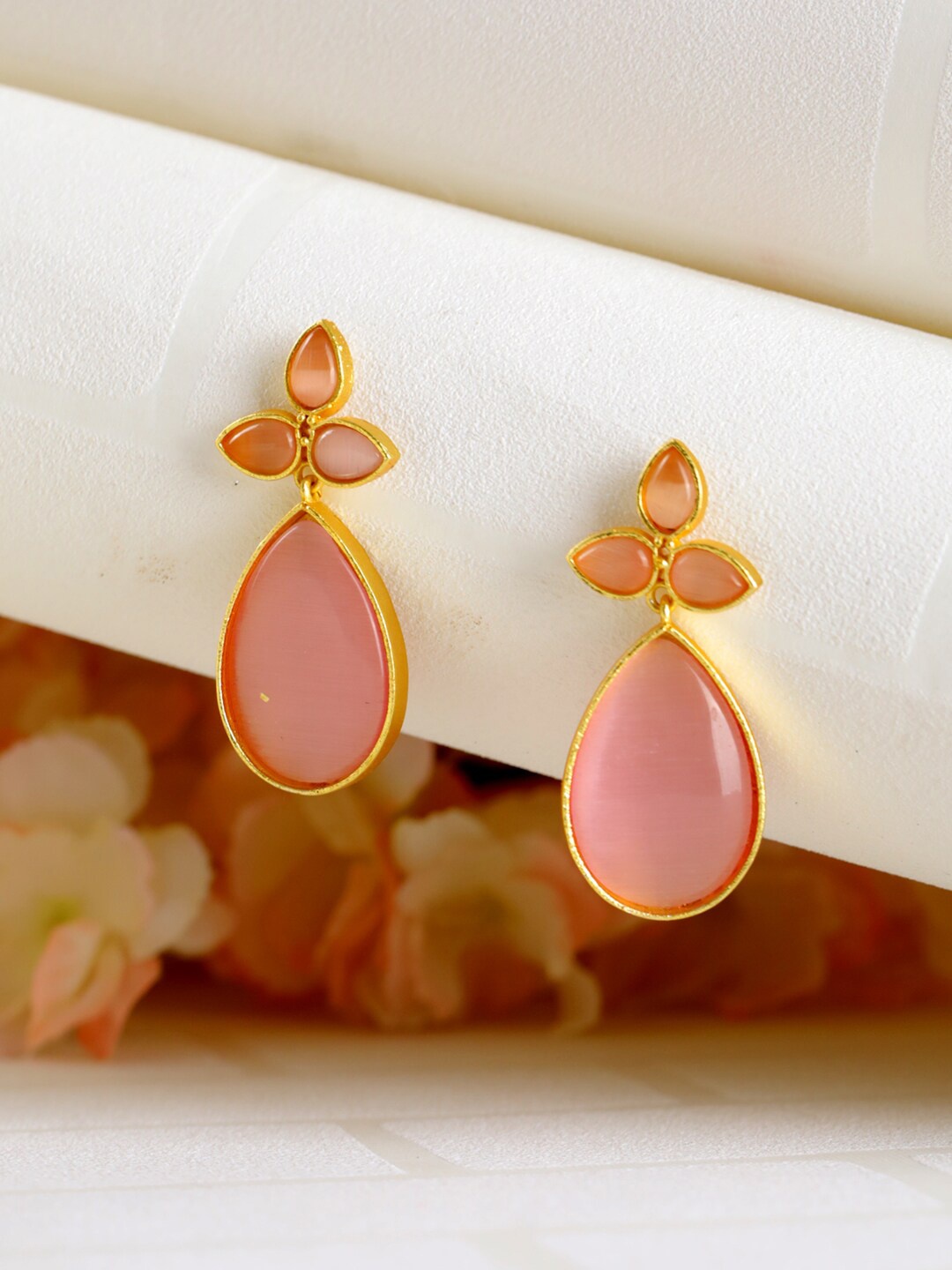 

Jazz and Sizzle Gold-Plated Contemporary Stone Studded Tear Drop Earrings, Pink