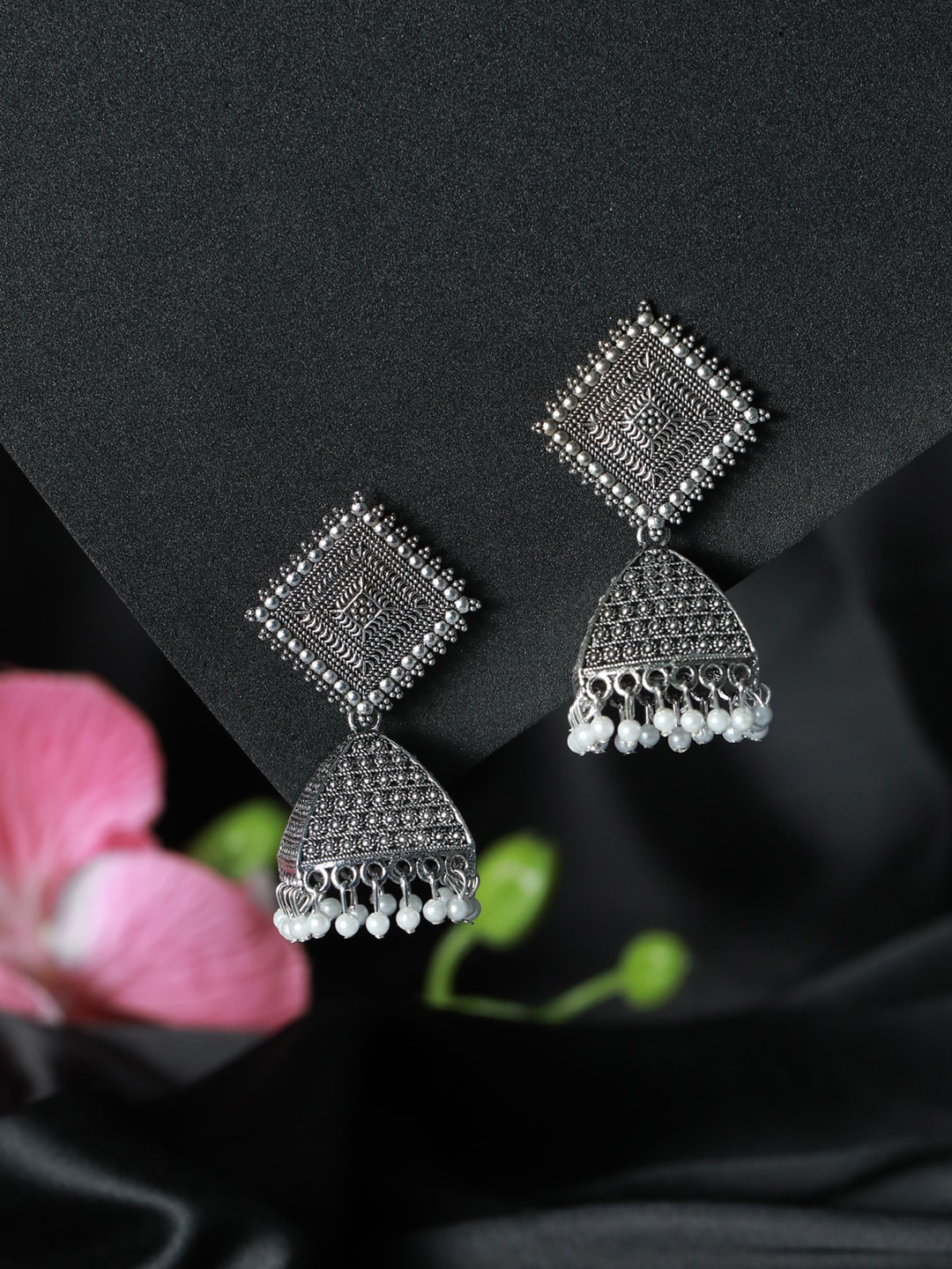 

Jazz and Sizzle Silver-Plated Oxidised Square Shaped Jhumkas Earrings, White