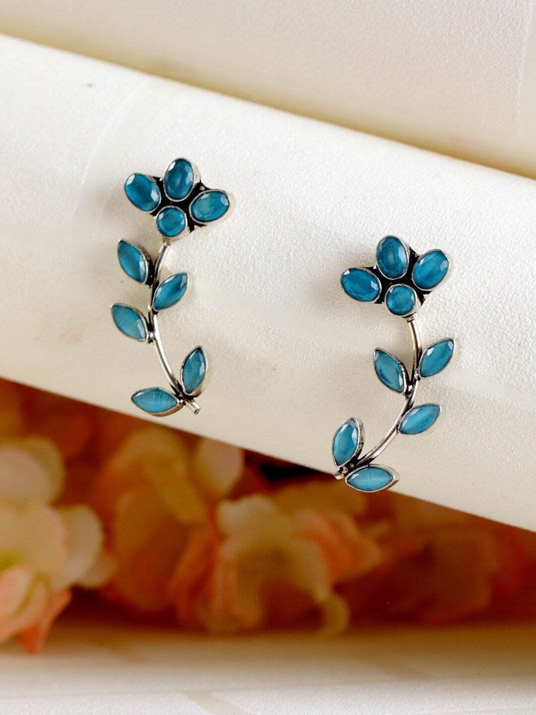 

Jazz and Sizzle Silver-Plated Handcrafted Leaf Shaped Drop Earrings, Blue