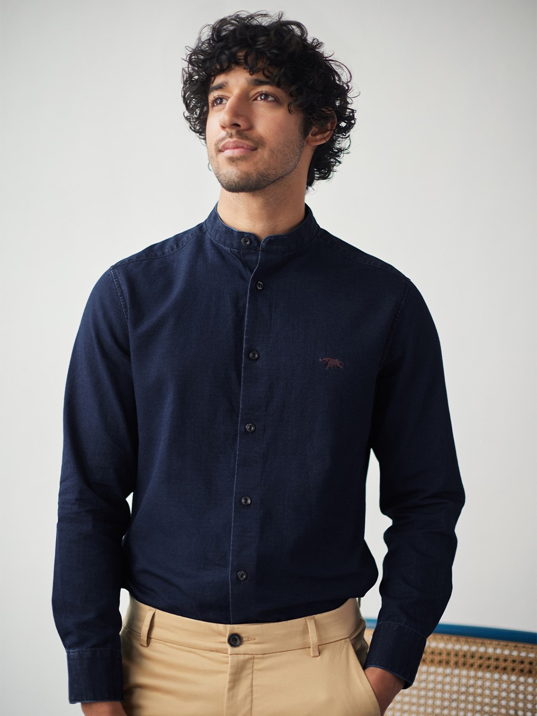 

Andamen Mandarin Collar Cotton Casual Shirt, Blue