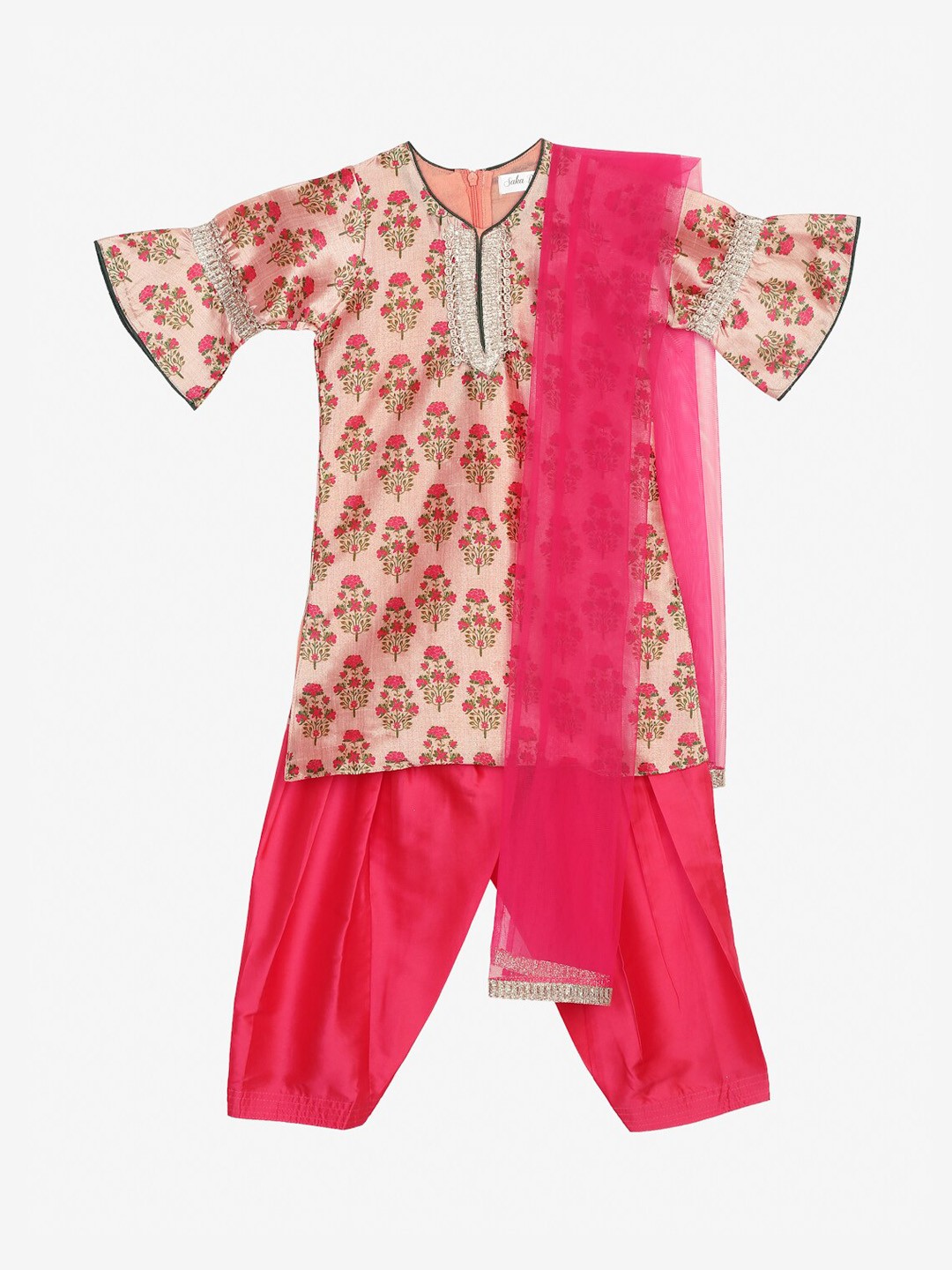 

SAKA DESIGNS Girls Floral Printed Gotta Patti Kurta with Dhoti Pants & Dupatta, Peach