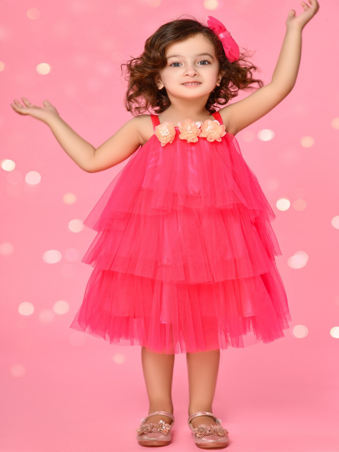 

SAKA DESIGNS Girls Fringed Net A-Line Dress, Magenta