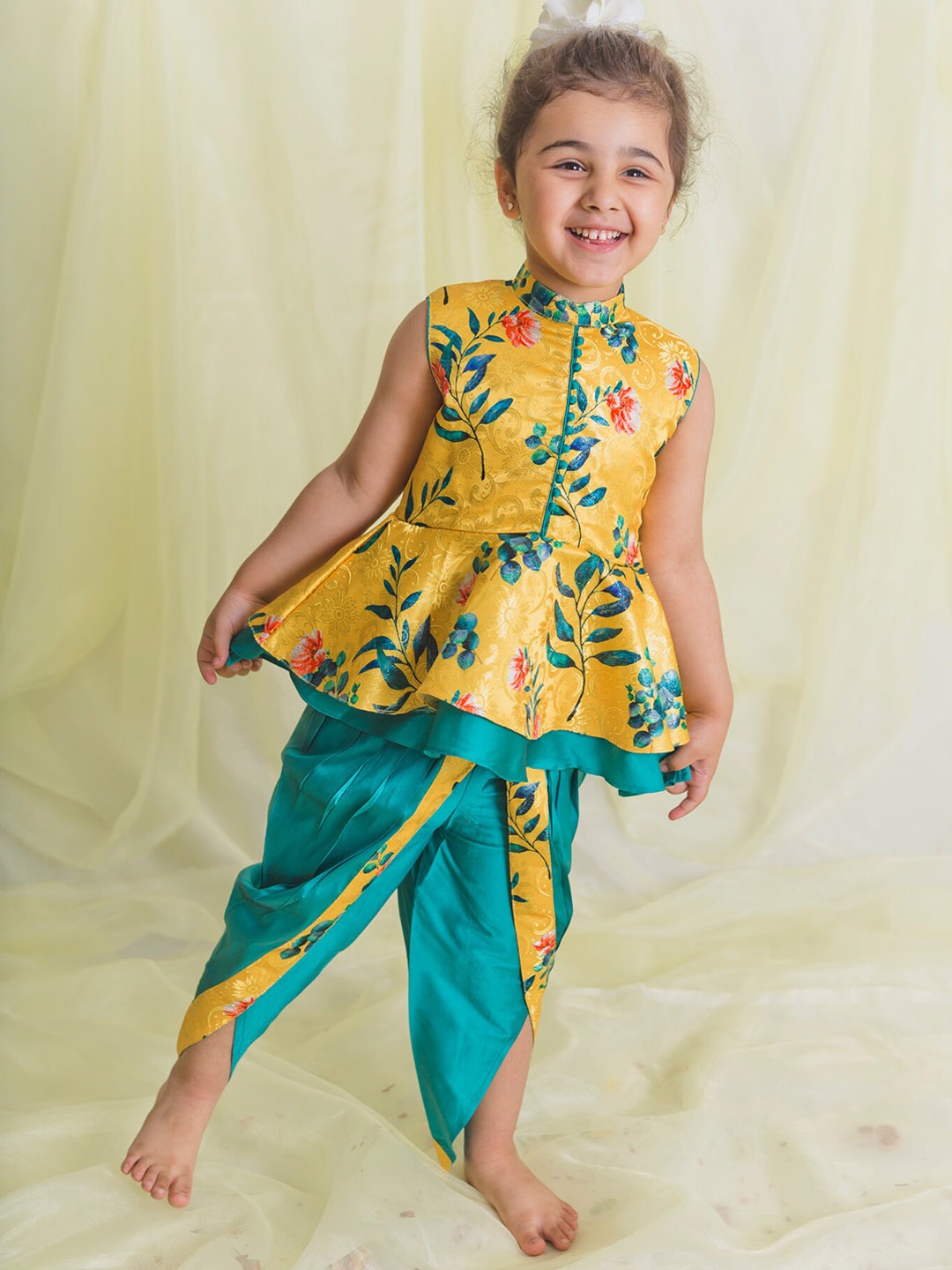 

SAKA DESIGNS Girls Floral Printed Layered A-Line Kurti With Dhoti Pants, Yellow