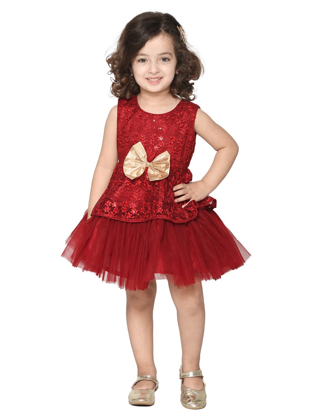 

SAKA DESIGNS Girls Layered Jacquard Dress, Maroon