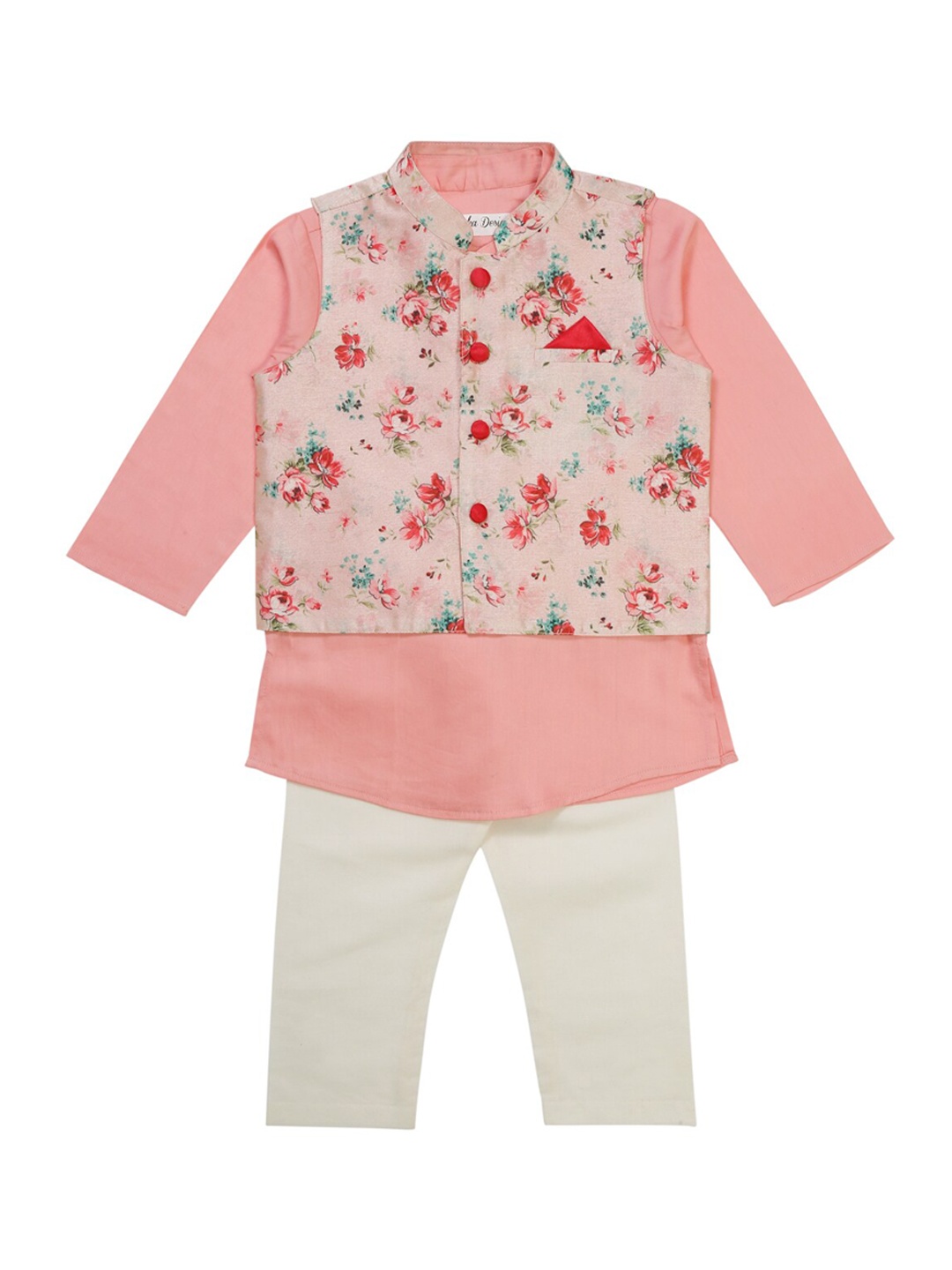 

SAKA DESIGNS Boys Mandarin Collar Straight Kurta with Pyjamas & Nehru Jacket, Pink