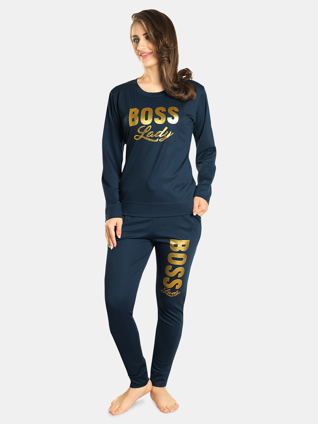 

FILMAX ORIGINALS Women Printed Round Neck Long Sleeves Night suits, Navy blue