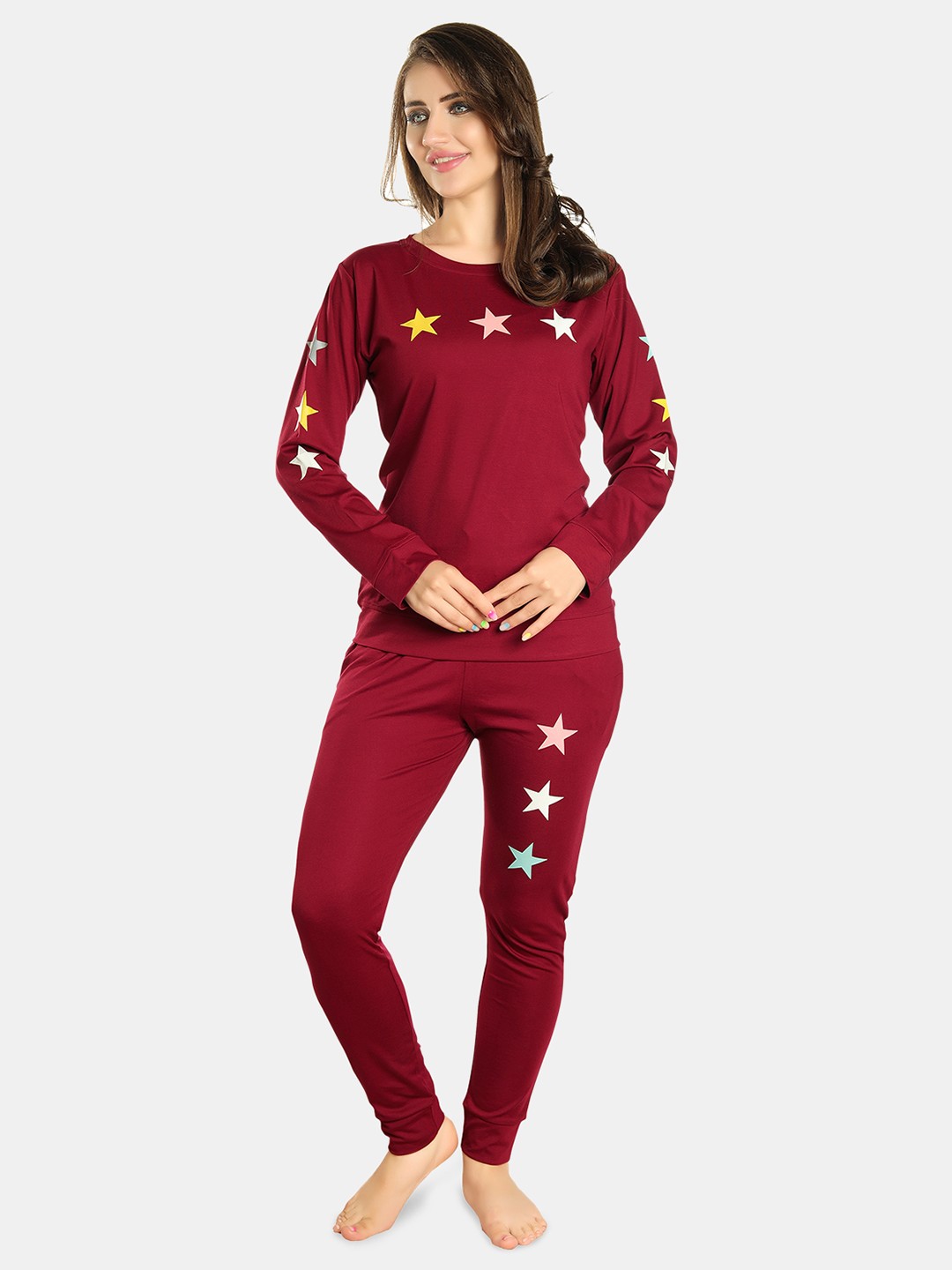 

FILMAX ORIGINALS Women Printed Round Neck Long Sleeves Night suits, Maroon