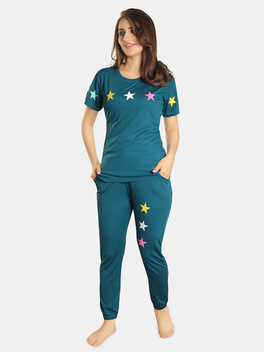 

FILMAX ORIGINALS Women Printed Round Neck Short Sleeves Night suits, Turquoise blue