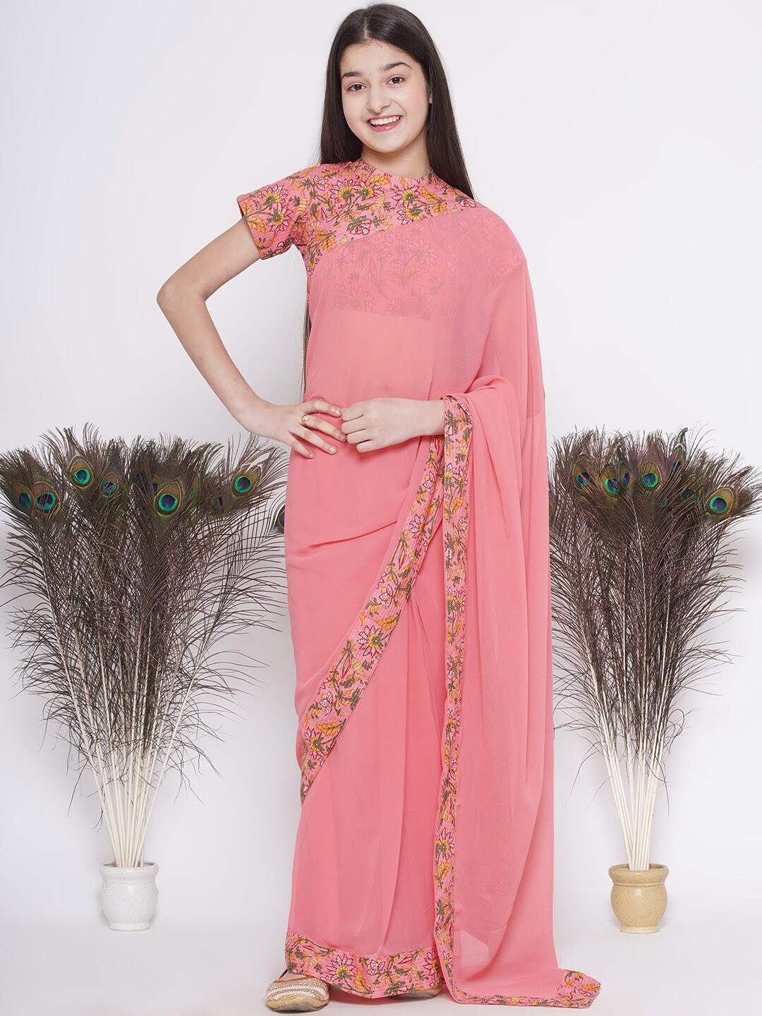 

Little Bansi Floral Pure Georgette Saree, Pink