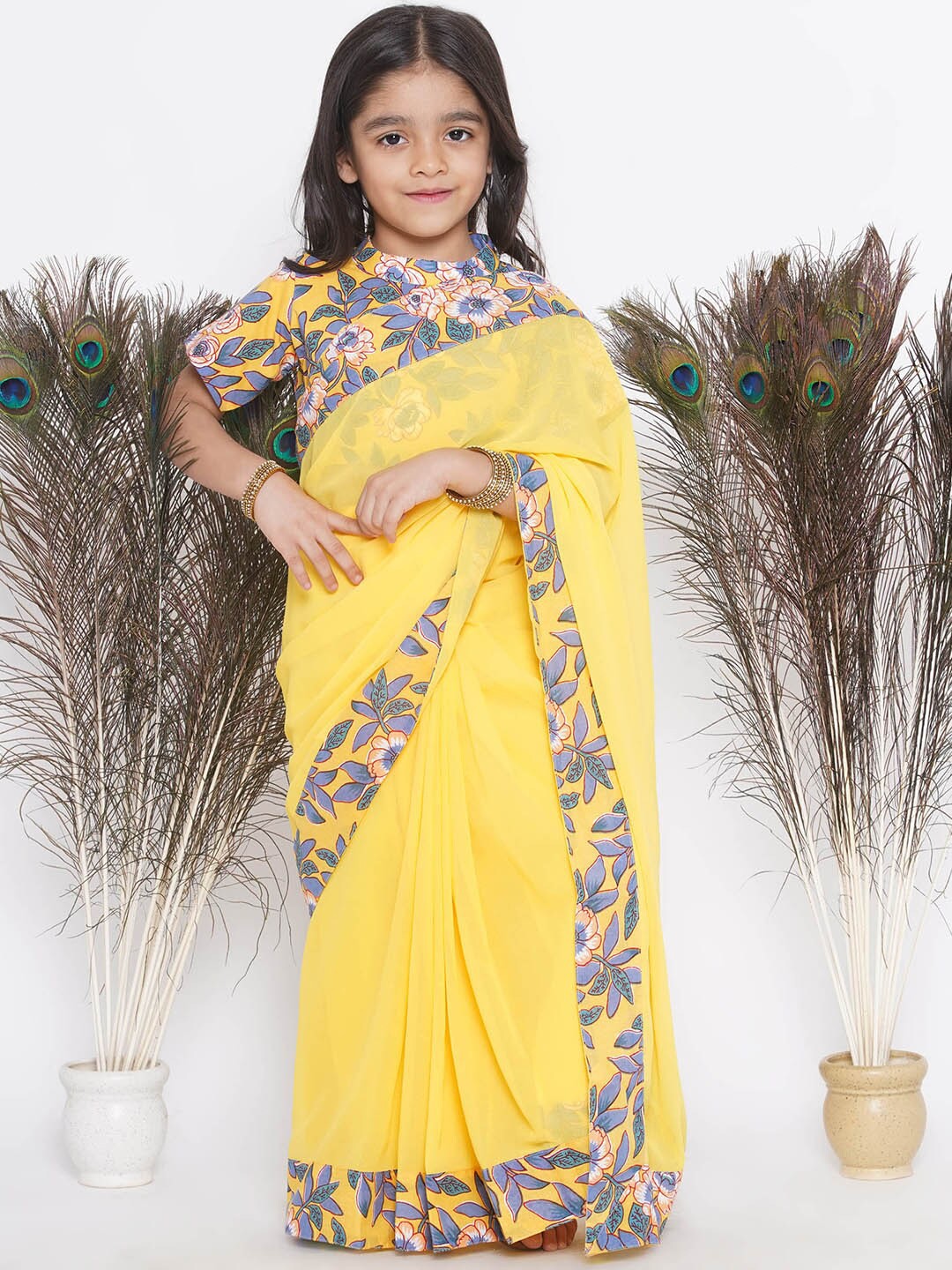 

Little Bansi Girls Floral Pure Georgette Ready to Wear Saree, Yellow