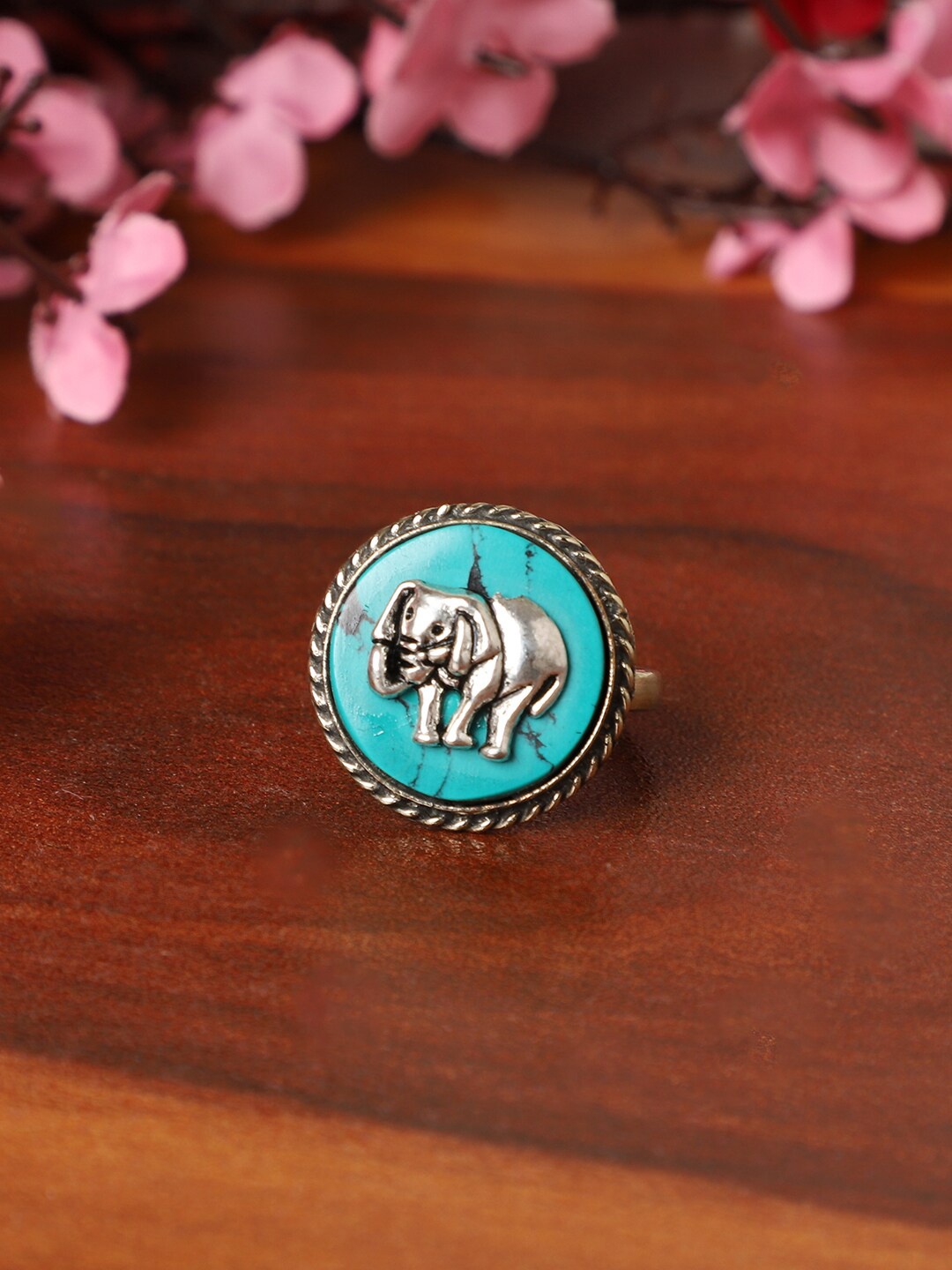 

VENI Silver-Plated Oxidised Elephant Adjustable Finger Ring, Turquoise blue