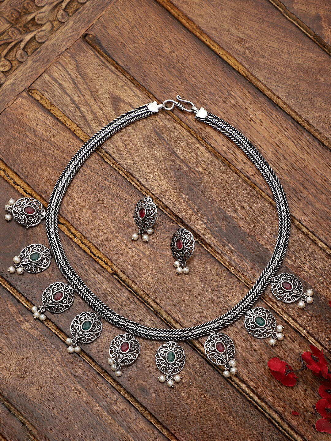 

VENI Oxidised Silver-Plated & Stones-Studded Jewellery Set, Red