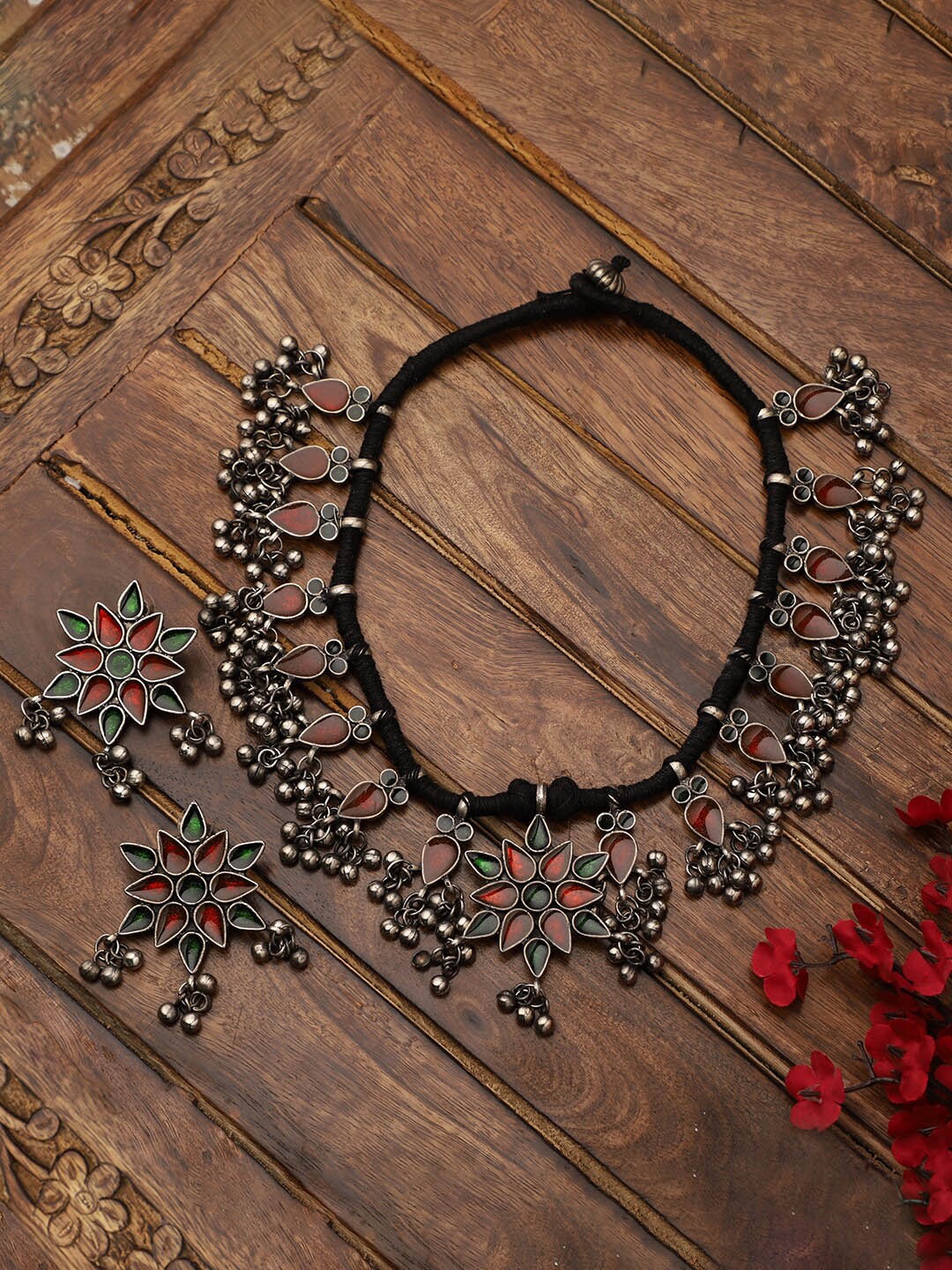 

VENI Silver Plated Oxidised Stone Studded Jewellery Set, Orange