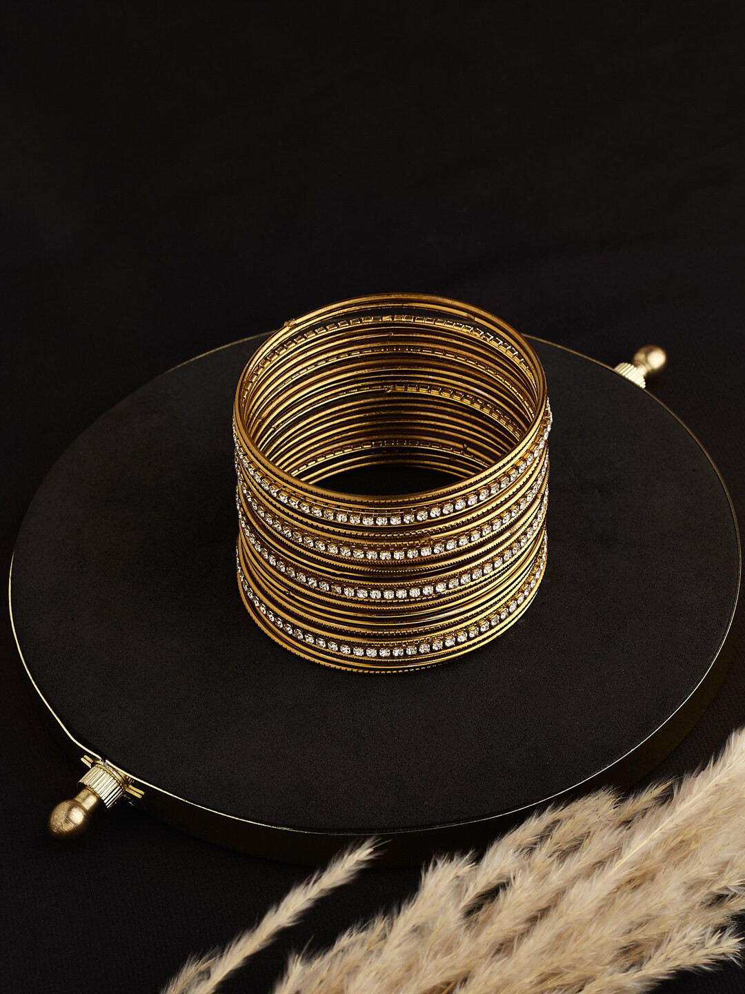 

ATIBELLE Set Of 21 Gold-Plated & Artificial Stone-Studded Bangles, White