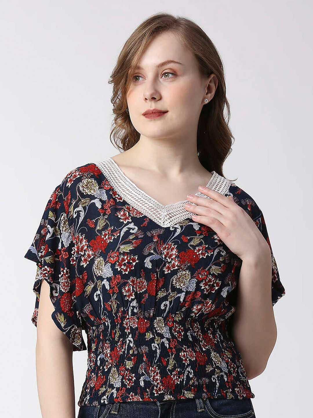

Pepe Jeans Floral Printed V-Neck Blouson Top, Navy blue