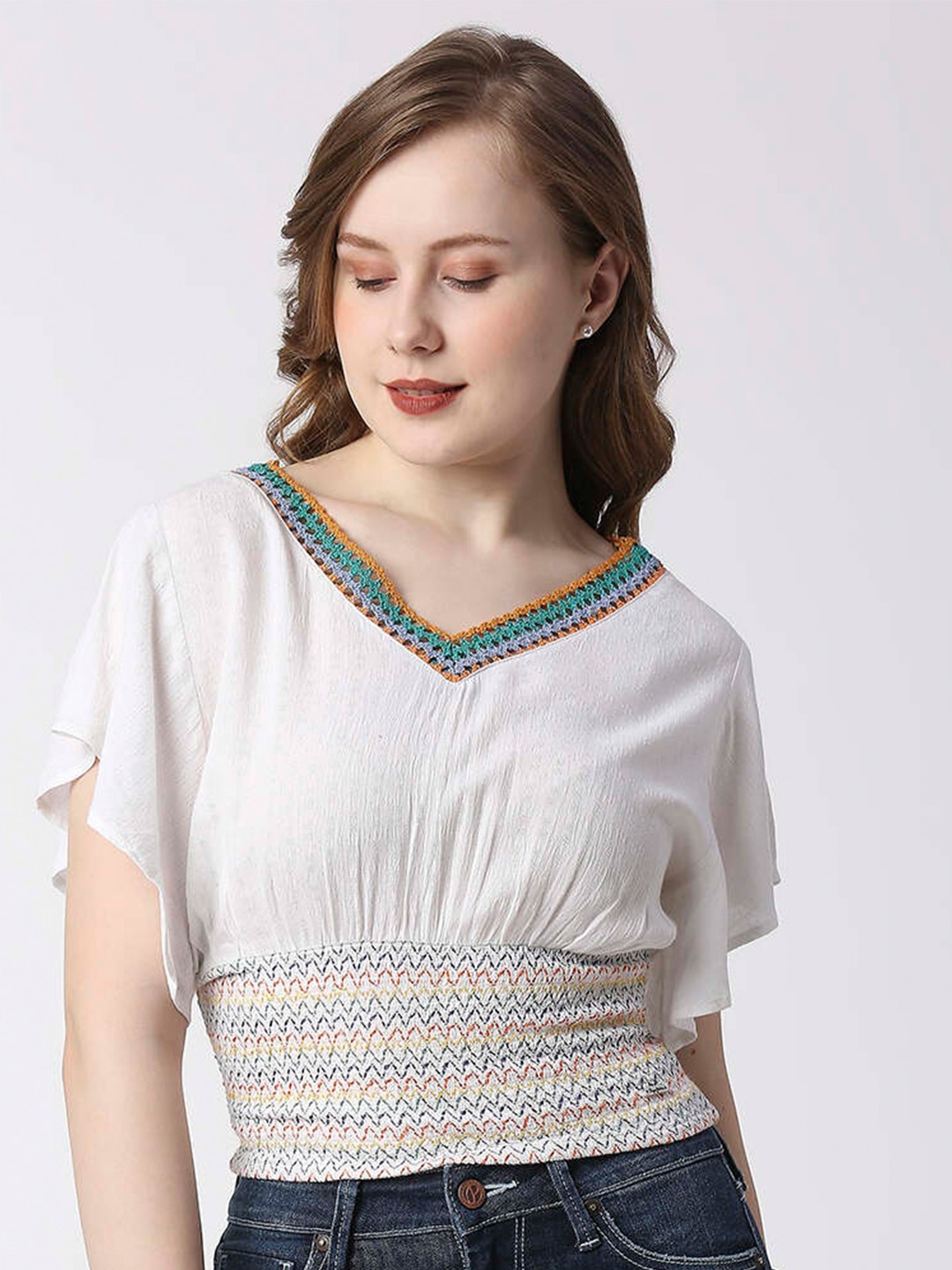 

Pepe Jeans V-Neck Flared Sleeves Smocked Cinched Waist Top, White