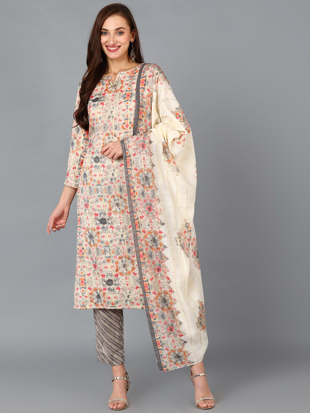 

AHIKA Abstract Printed Gotta Patti Kurta with Trousers & Dupatta, Beige