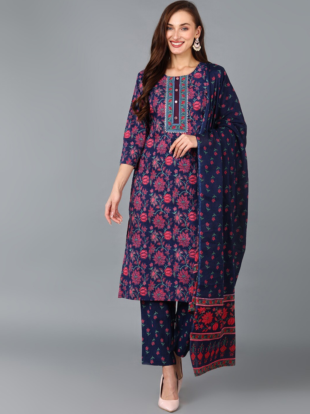 

AHIKA Floral Printed Kurta with Trousers & Dupatta, Navy blue