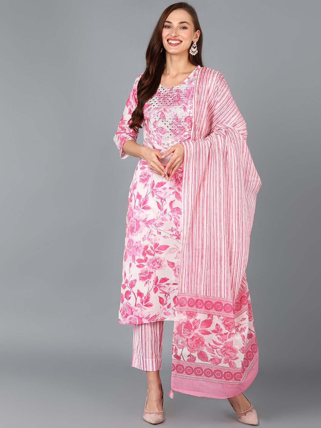 

AHIKA Floral Printed Mirror Work Kurta with Trousers & Dupatta, White