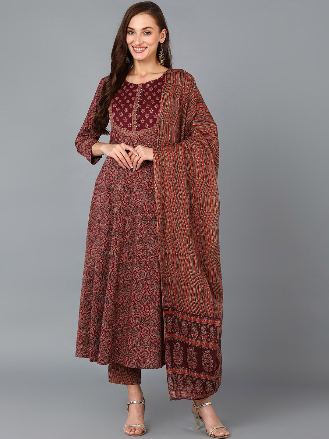 

AHIKA Ethnic Motifs Printed A-Line Kurta with Trousers & Dupatta, Maroon