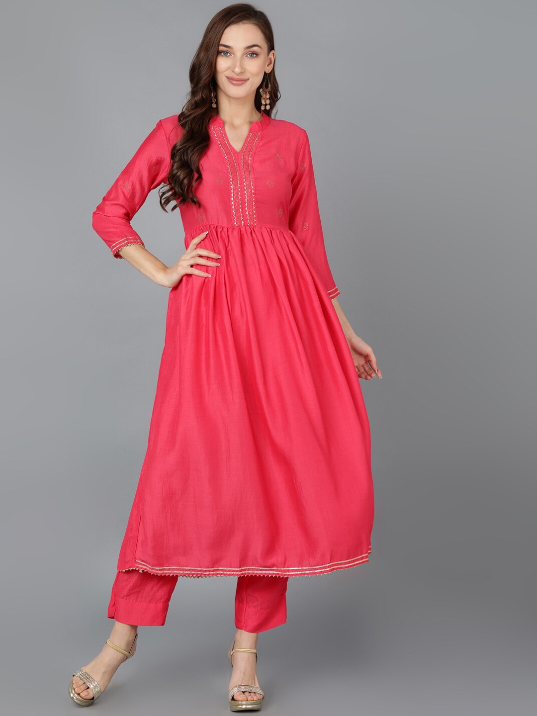 

AHIKA Ethnic Motif Printed Band Collar Gotta Patti Kurta With Trousers, Pink