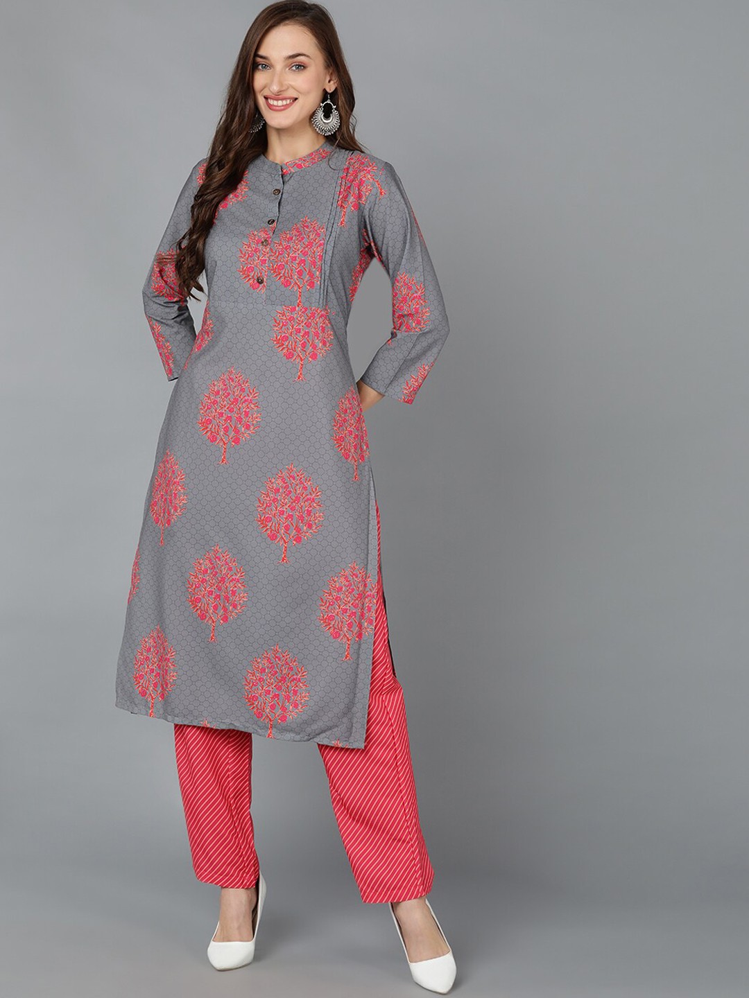 

AHIKA Floral Printed A-Line Kurta with Trousers, Grey