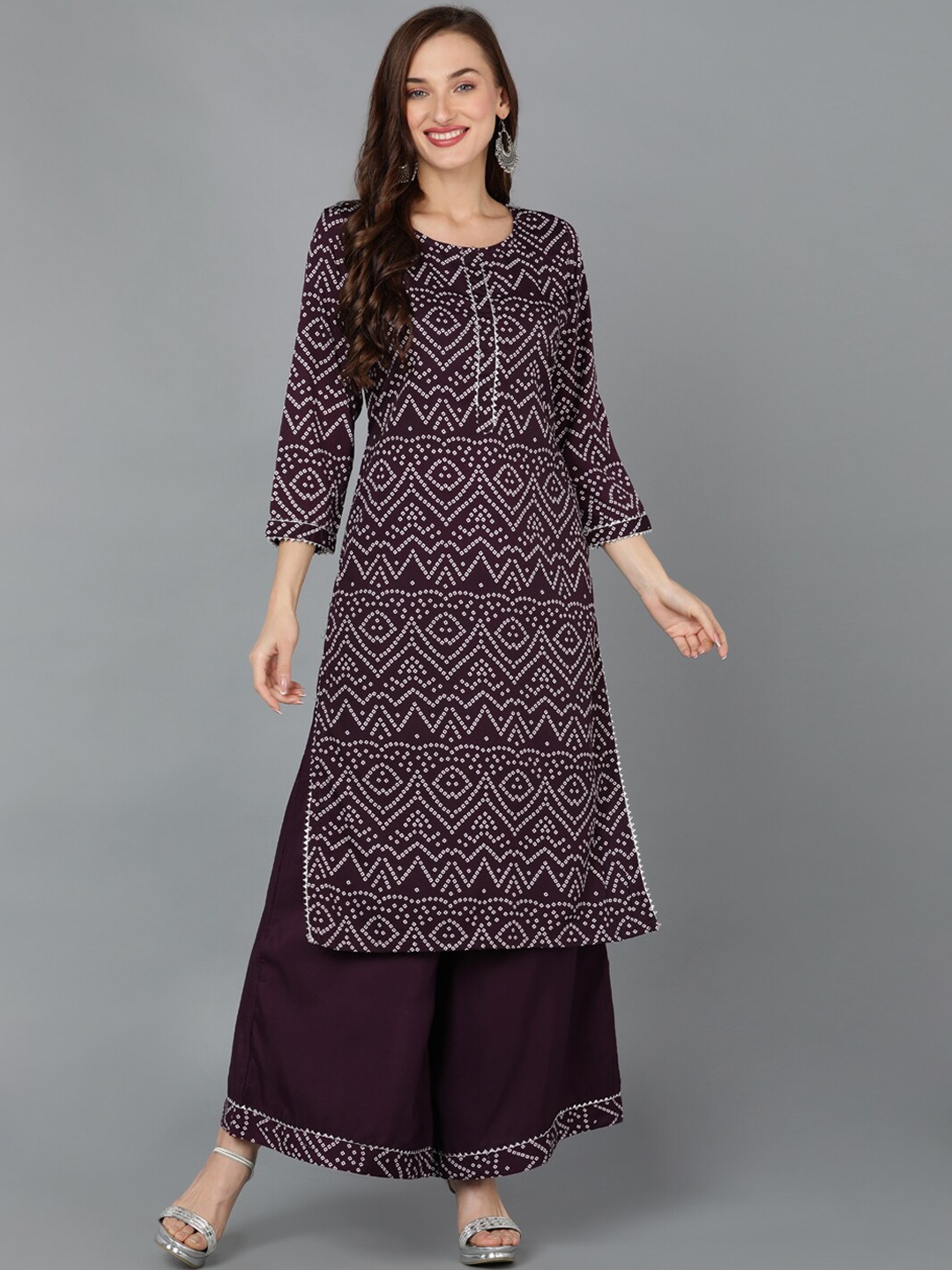 

AHIKA Women Purple Bandhani Printed Kurta with Palazzos