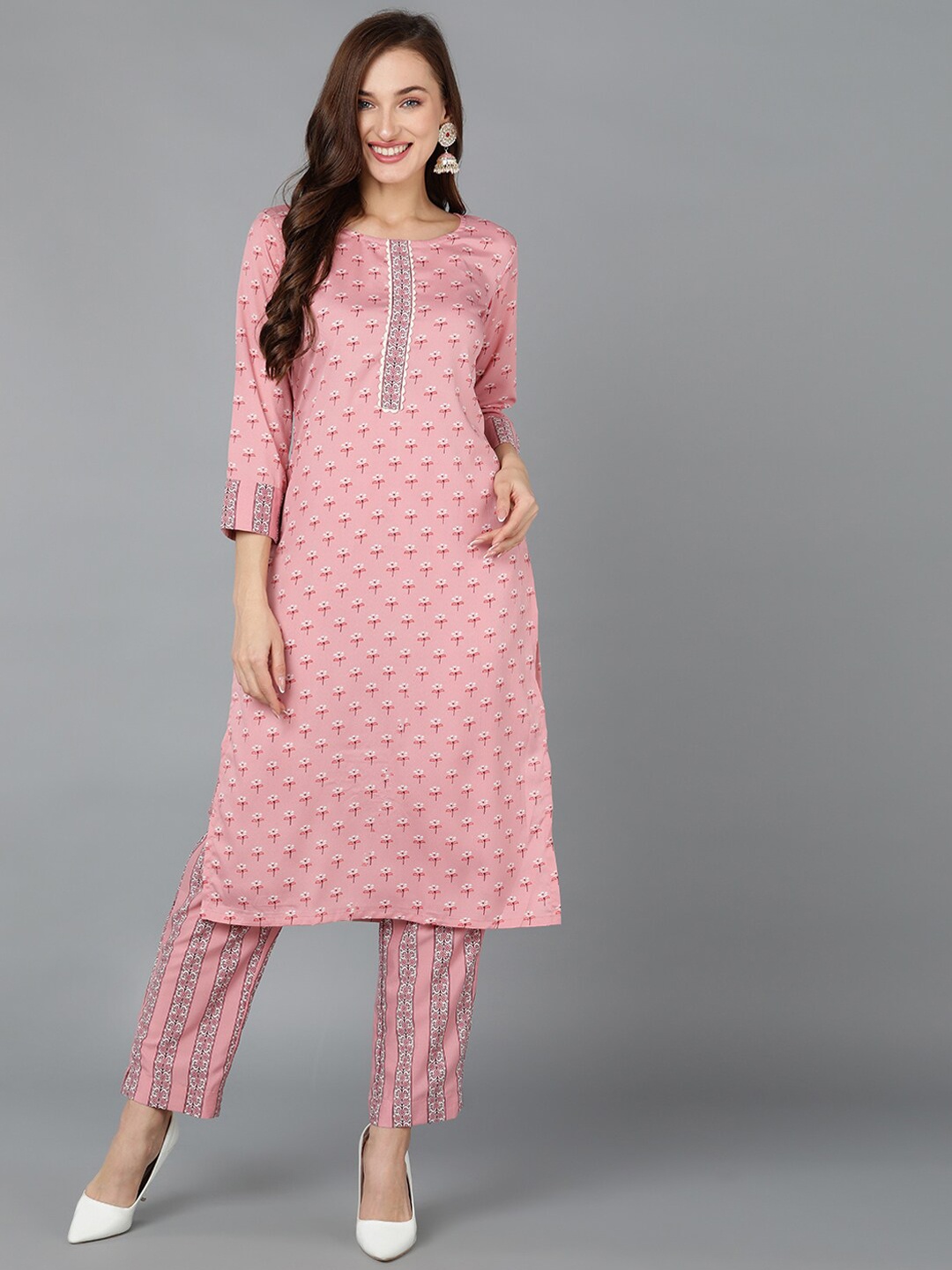 

AHIKA Floral Printed Straight Kurta with Trousers, Pink