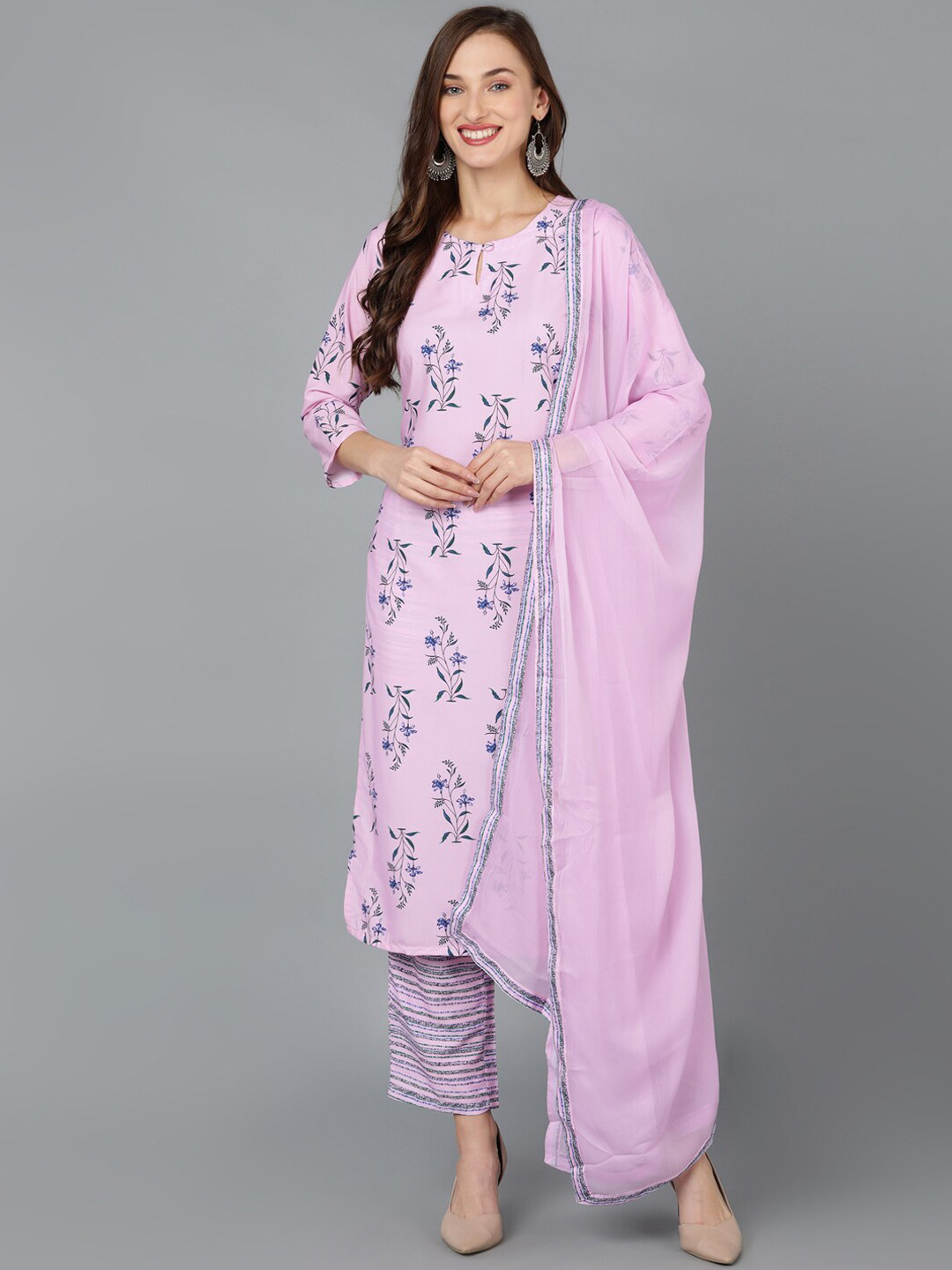 

AHIKA Floral Printed Keyhole Neck Kurta with Trousers & Dupatta, Pink