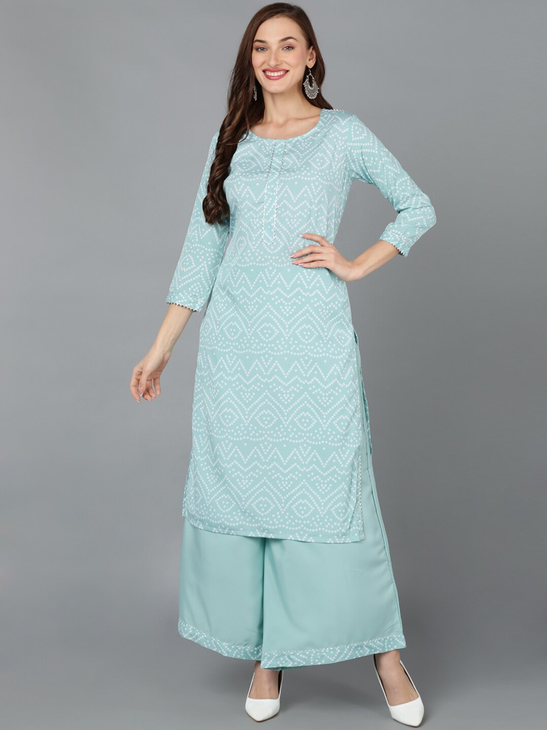 

AHIKA Bandhani Printed Straight Kurta with Palazzos, Sea green