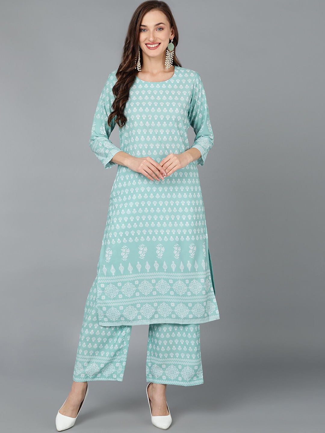 

AHIKA Ethnic Motifs Printed Straight Kurta with Palazzos, Sea green