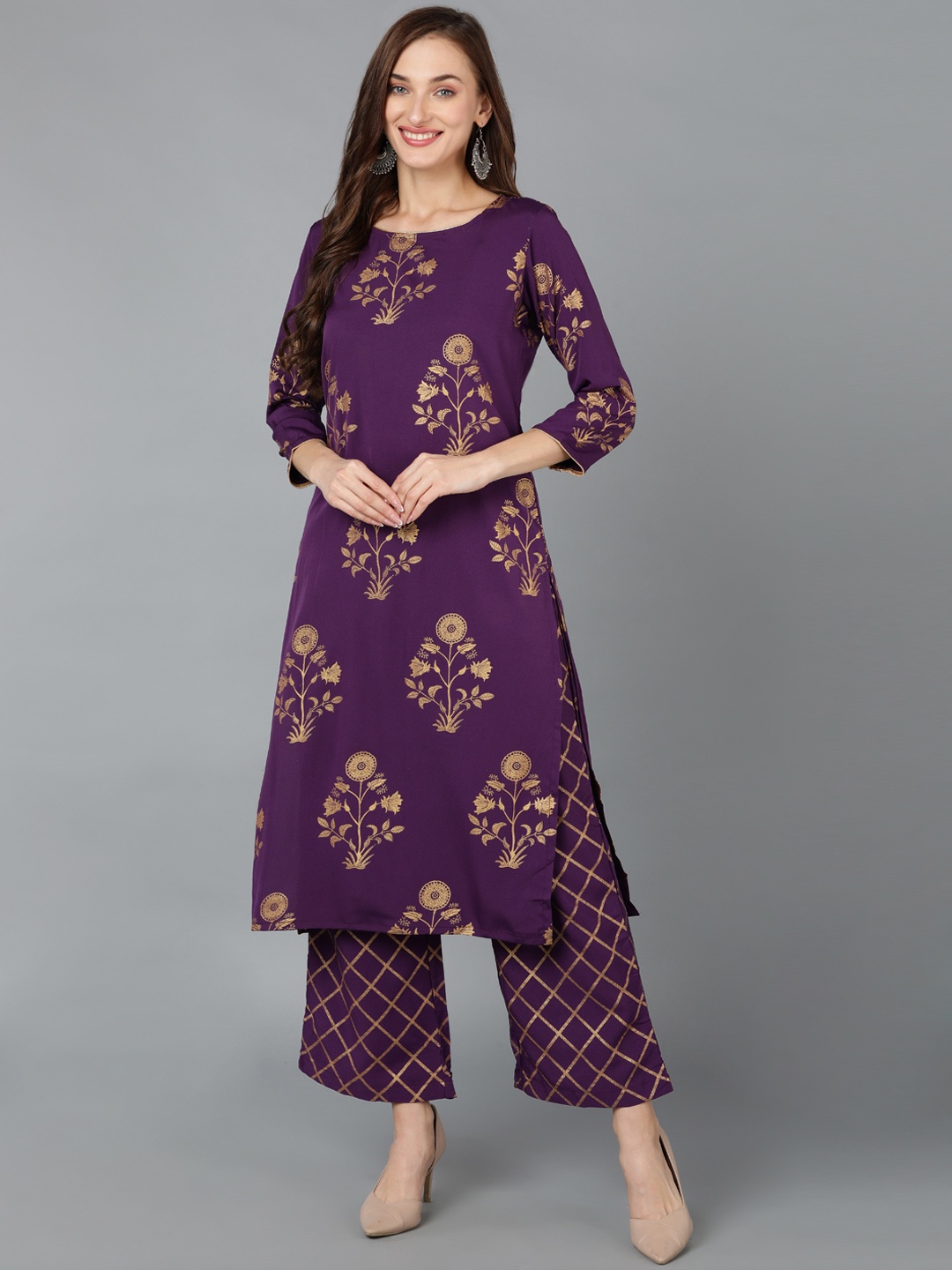 

AHIKA Floral Printed Straight Kurta with Palazzos, Purple
