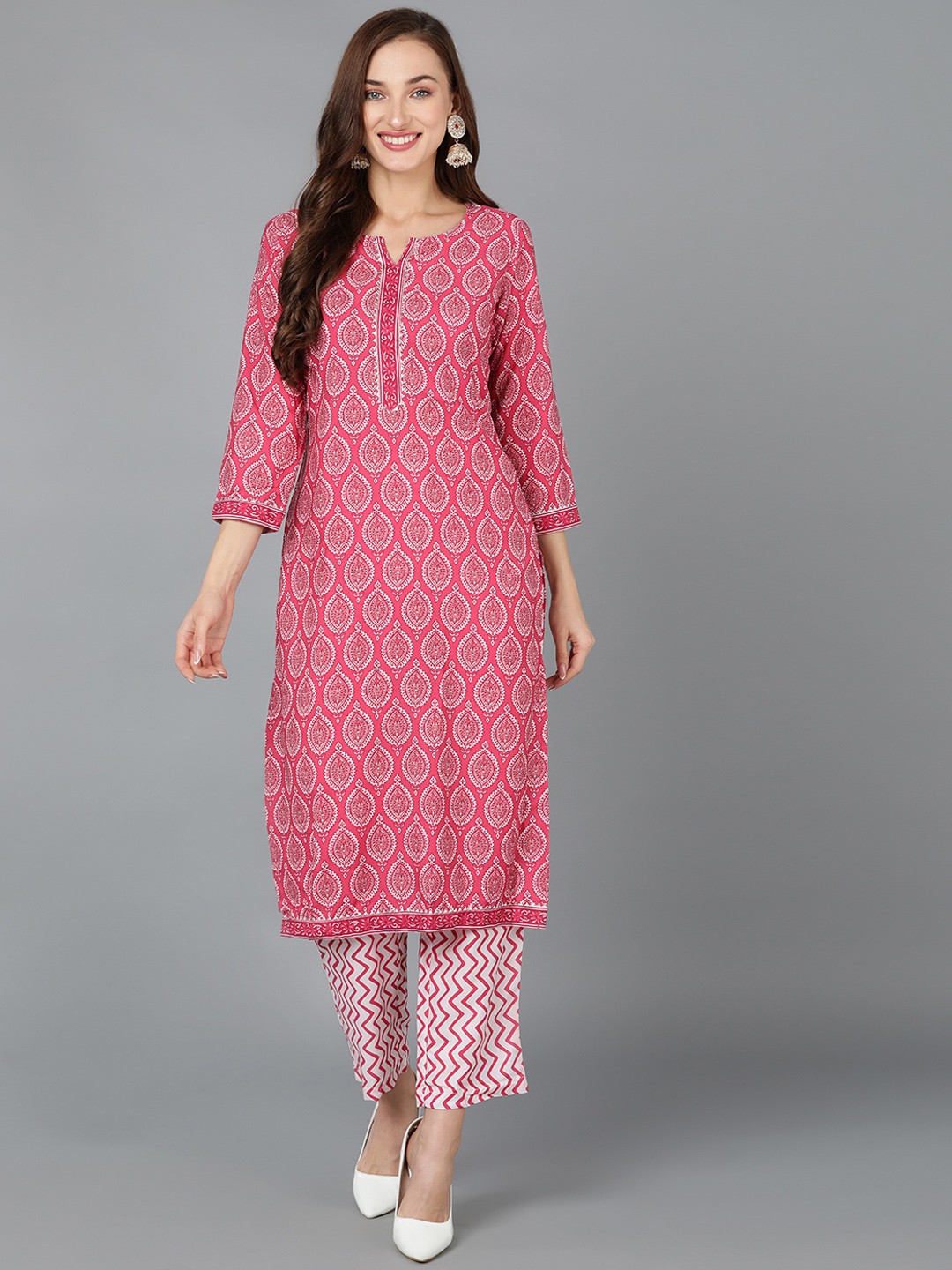 

AHIKA Ethnic Motif Printed Notched Neck Kurta With Trousers, Pink